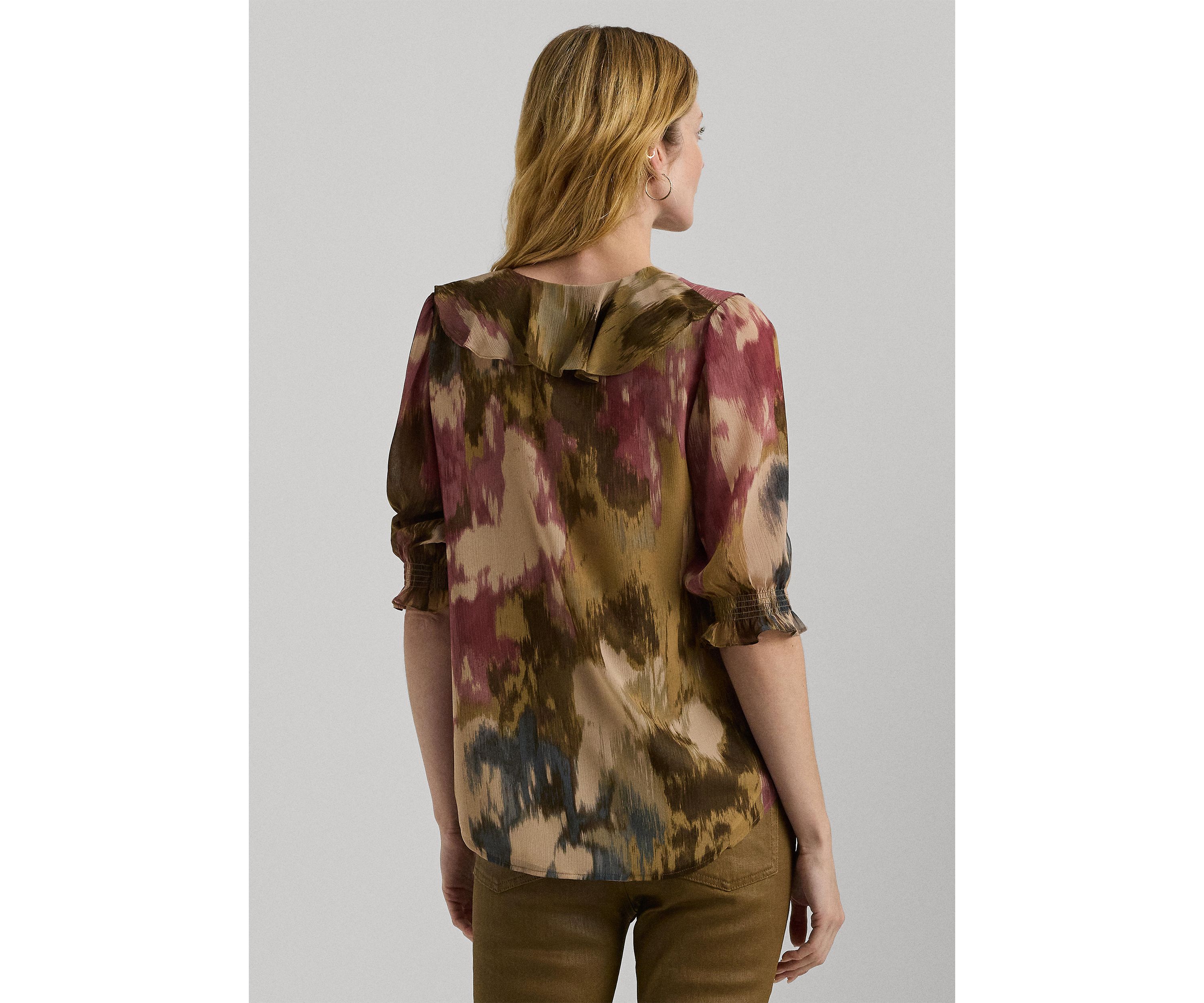 Womens Floral Georgette Ruffle-Trim Blouse