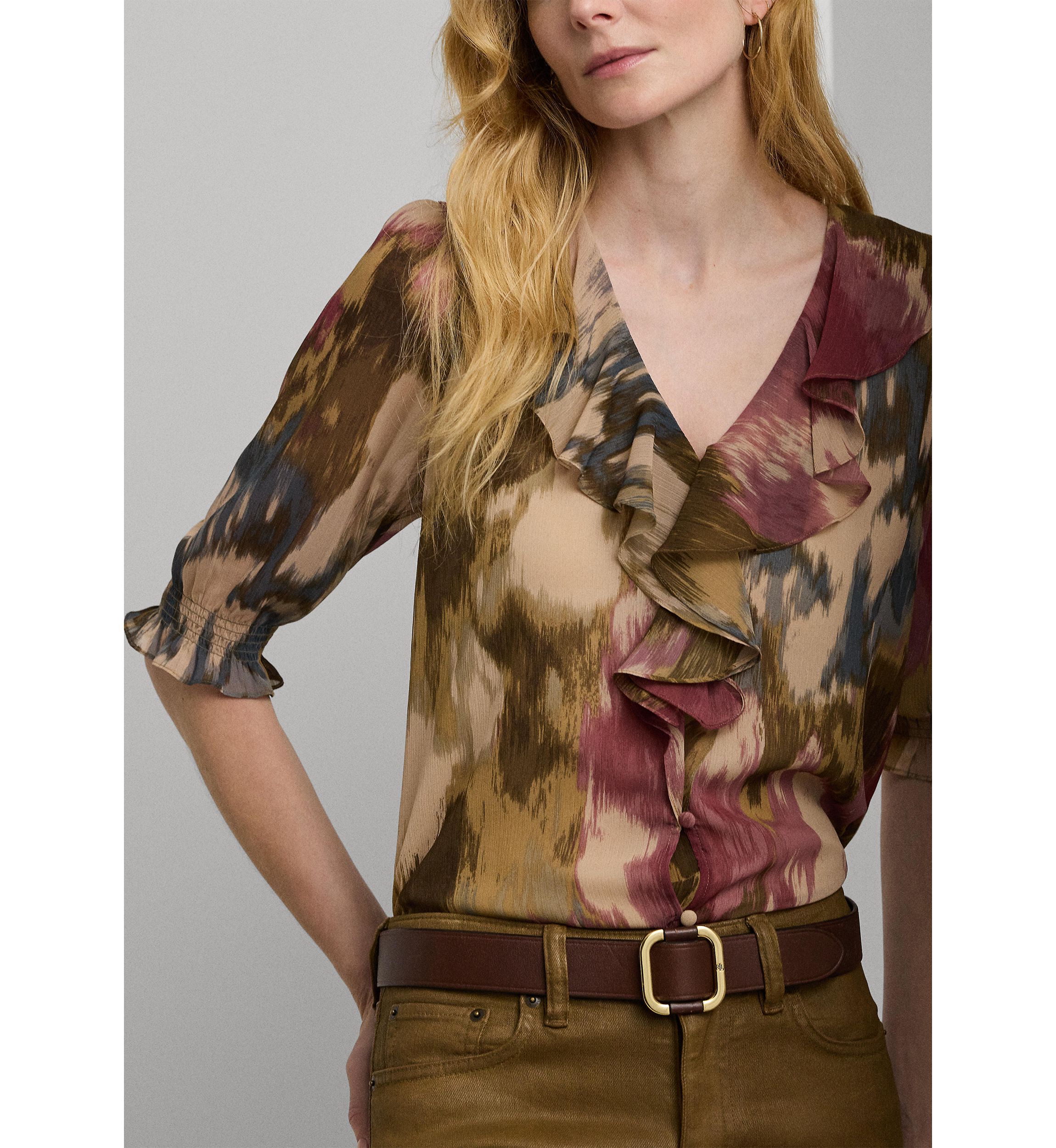 Womens Floral Georgette Ruffle-Trim Blouse