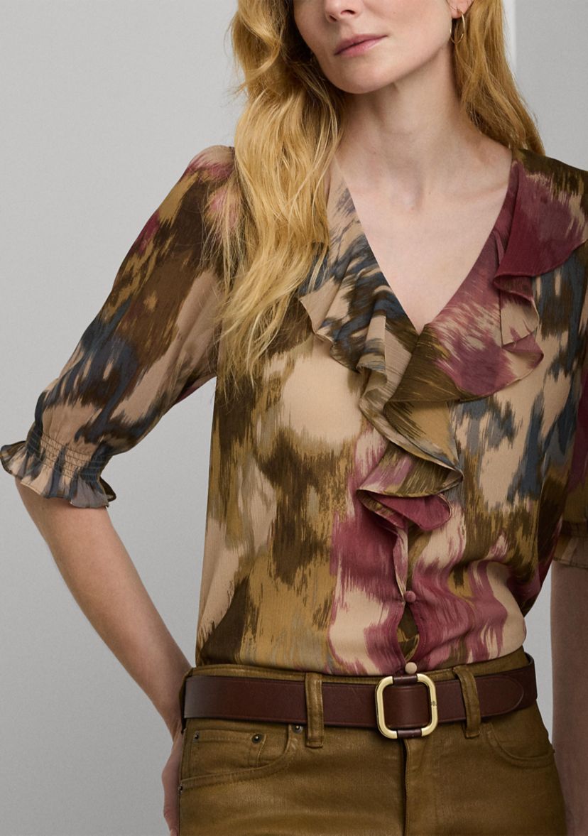 Womens Floral Georgette Ruffle-Trim Blouse