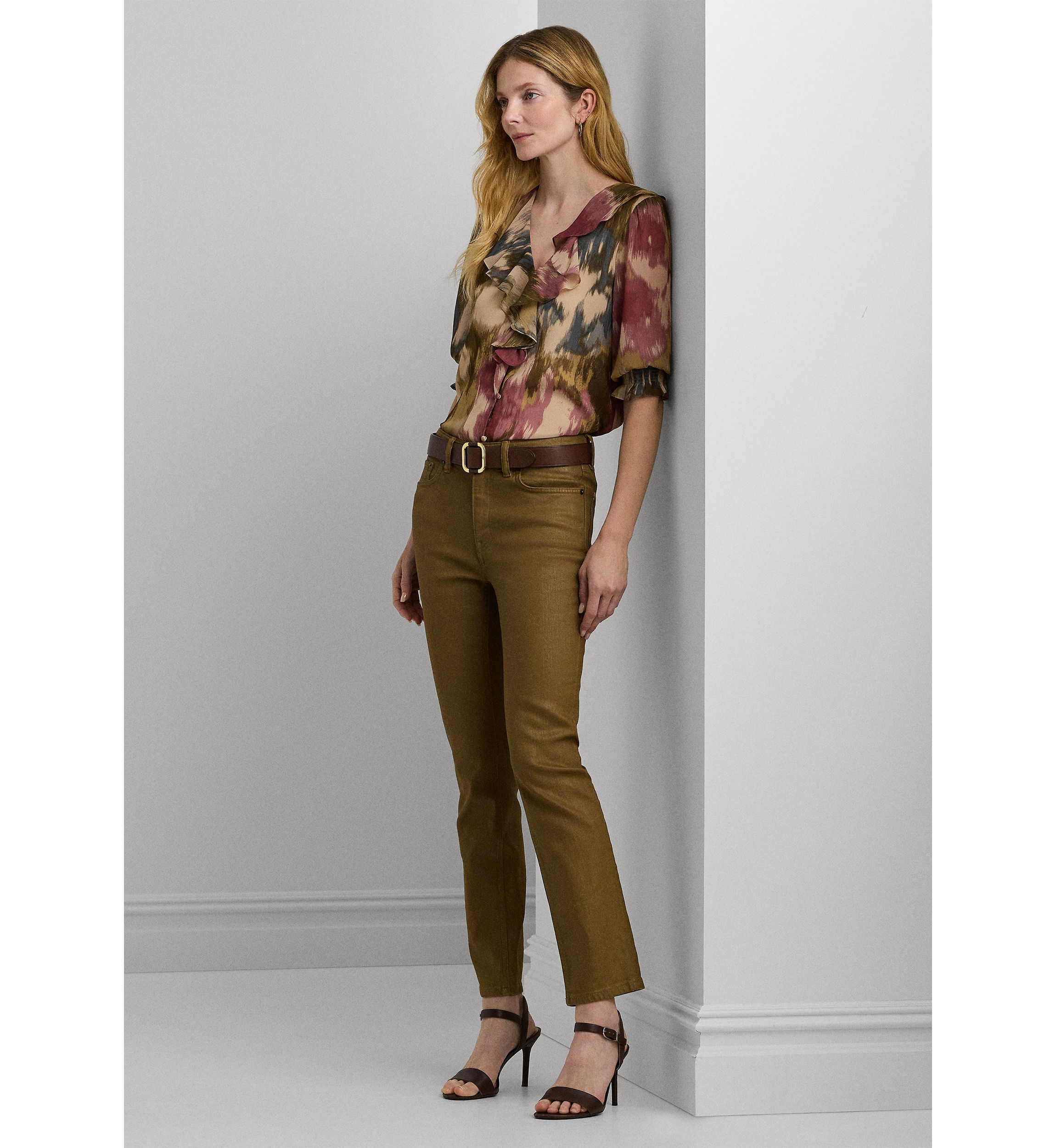 Womens Floral Georgette Ruffle-Trim Blouse