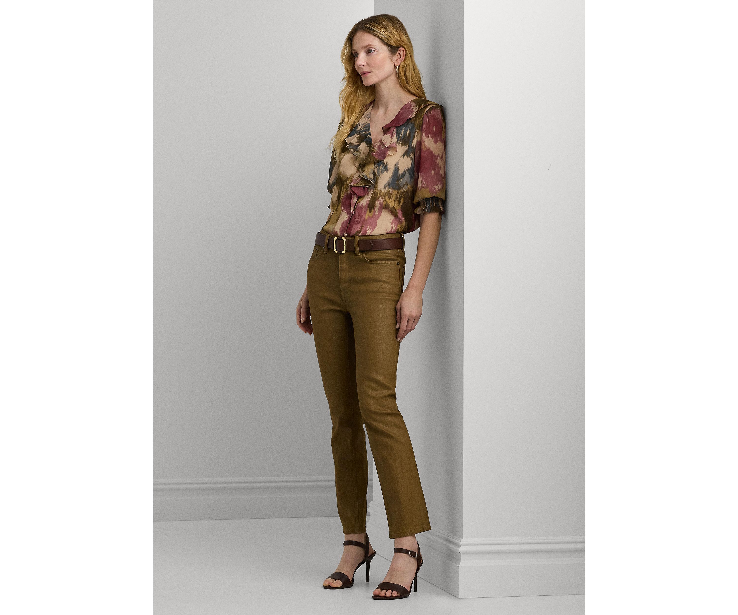 Womens Floral Georgette Ruffle-Trim Blouse