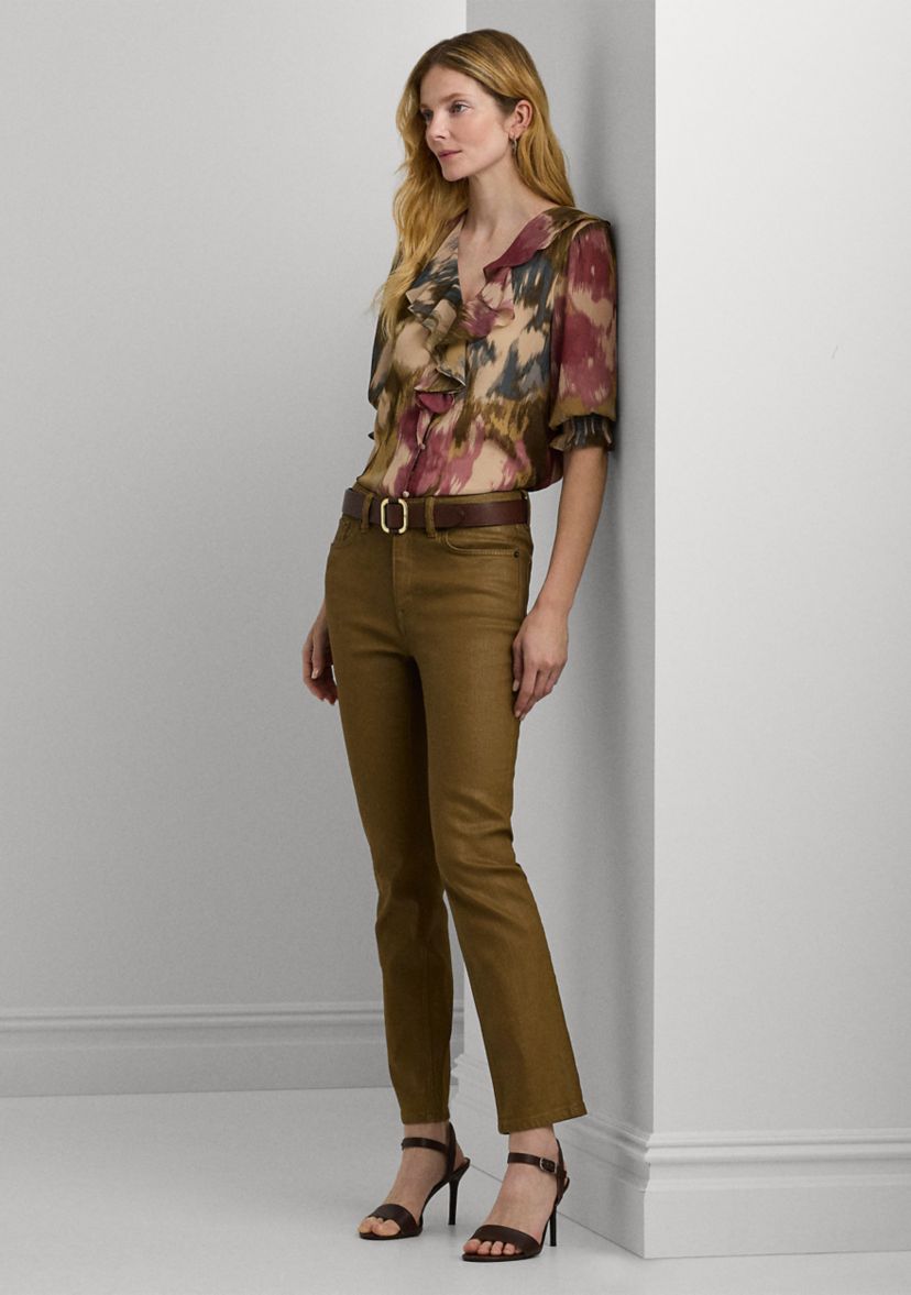 Womens Floral Georgette Ruffle-Trim Blouse