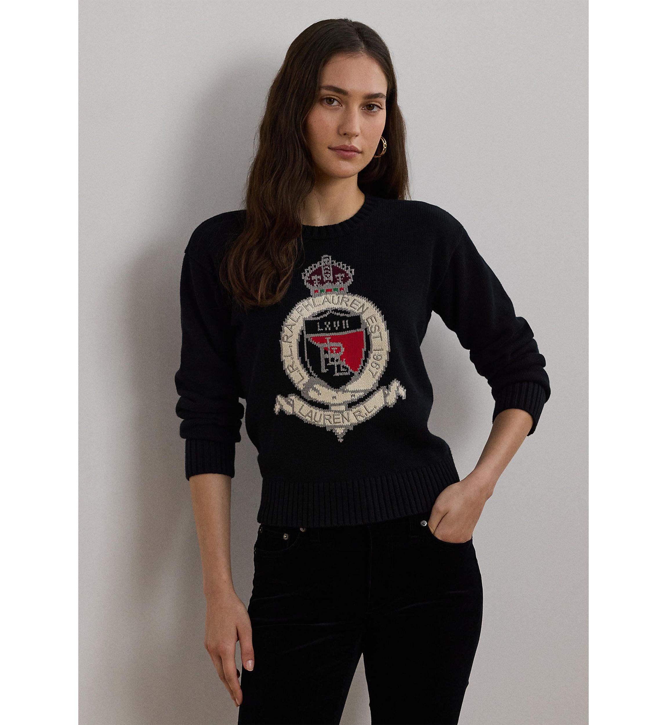 Intarsia Knit Crest Cotton Sweater
