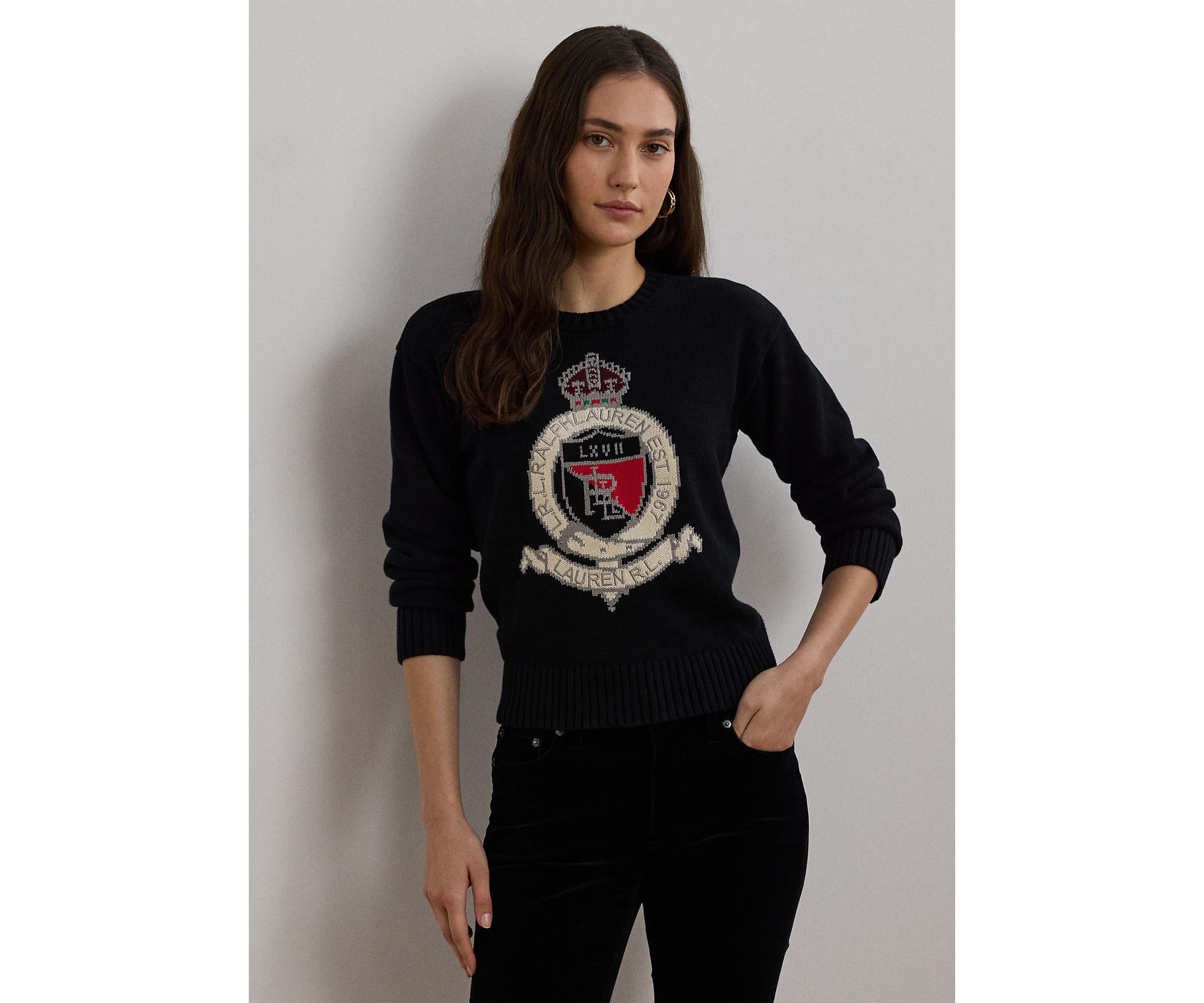 Intarsia Knit Crest Cotton Sweater