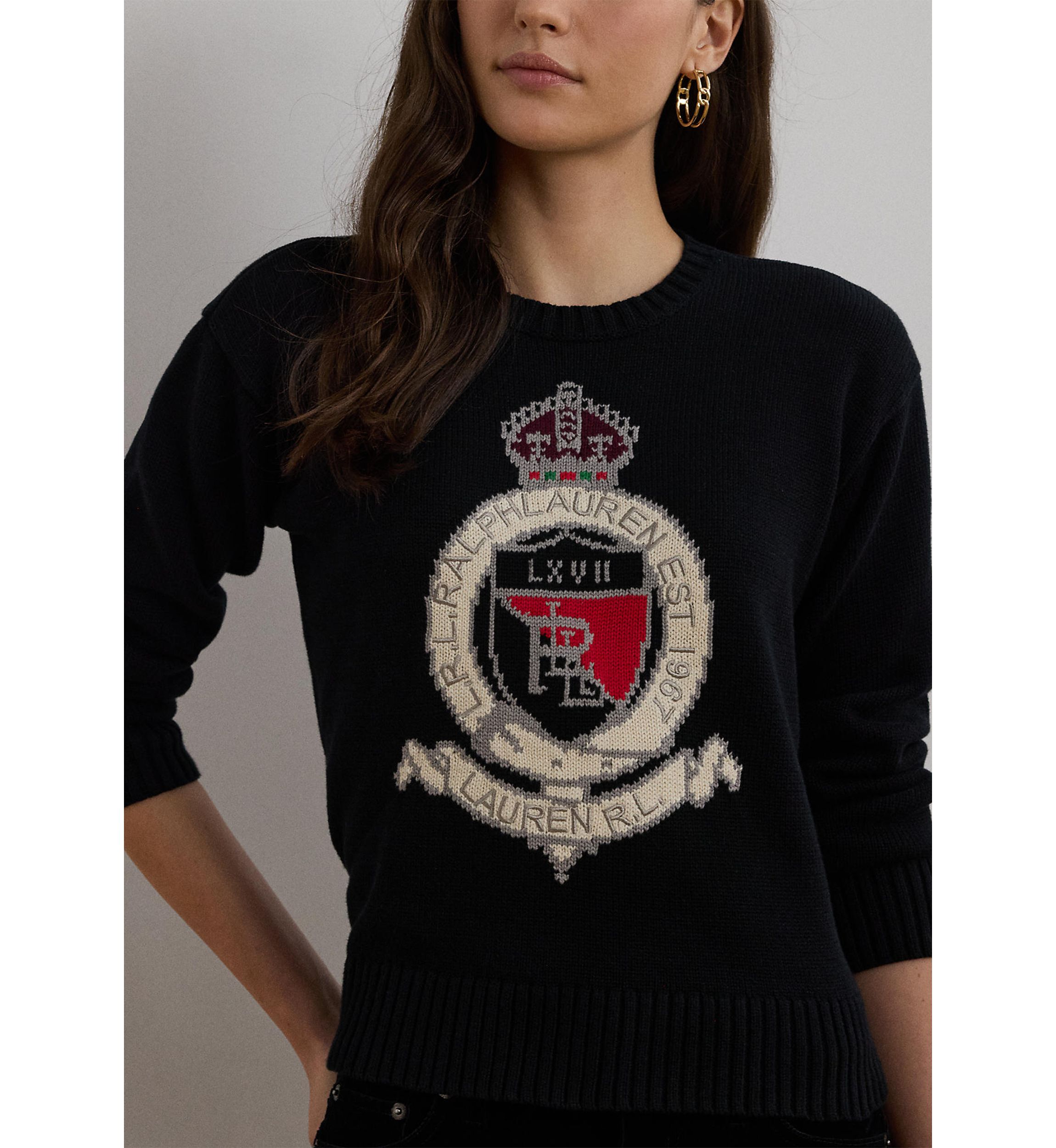 Intarsia Knit Crest Cotton Sweater