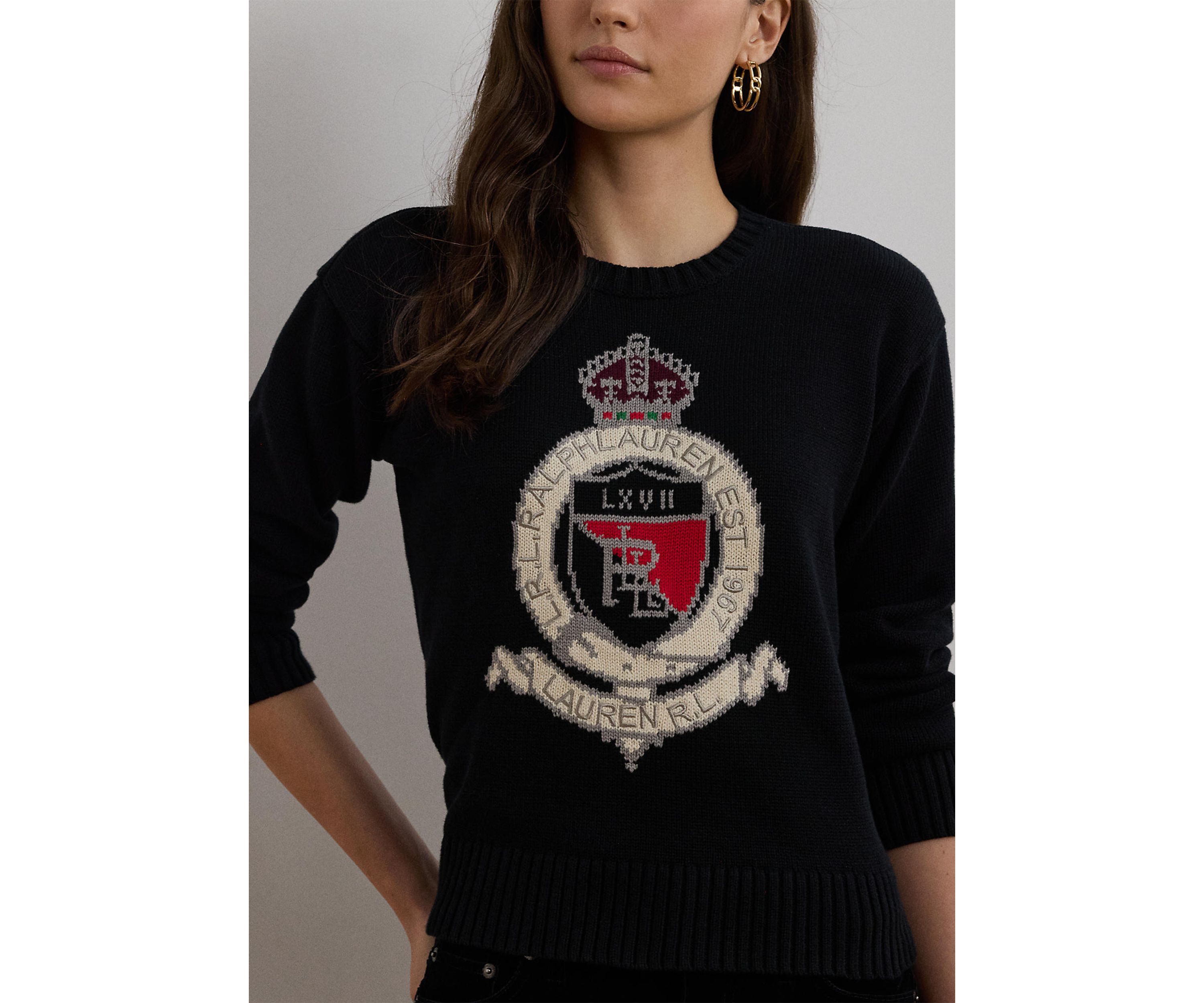 Intarsia Knit Crest Cotton Sweater