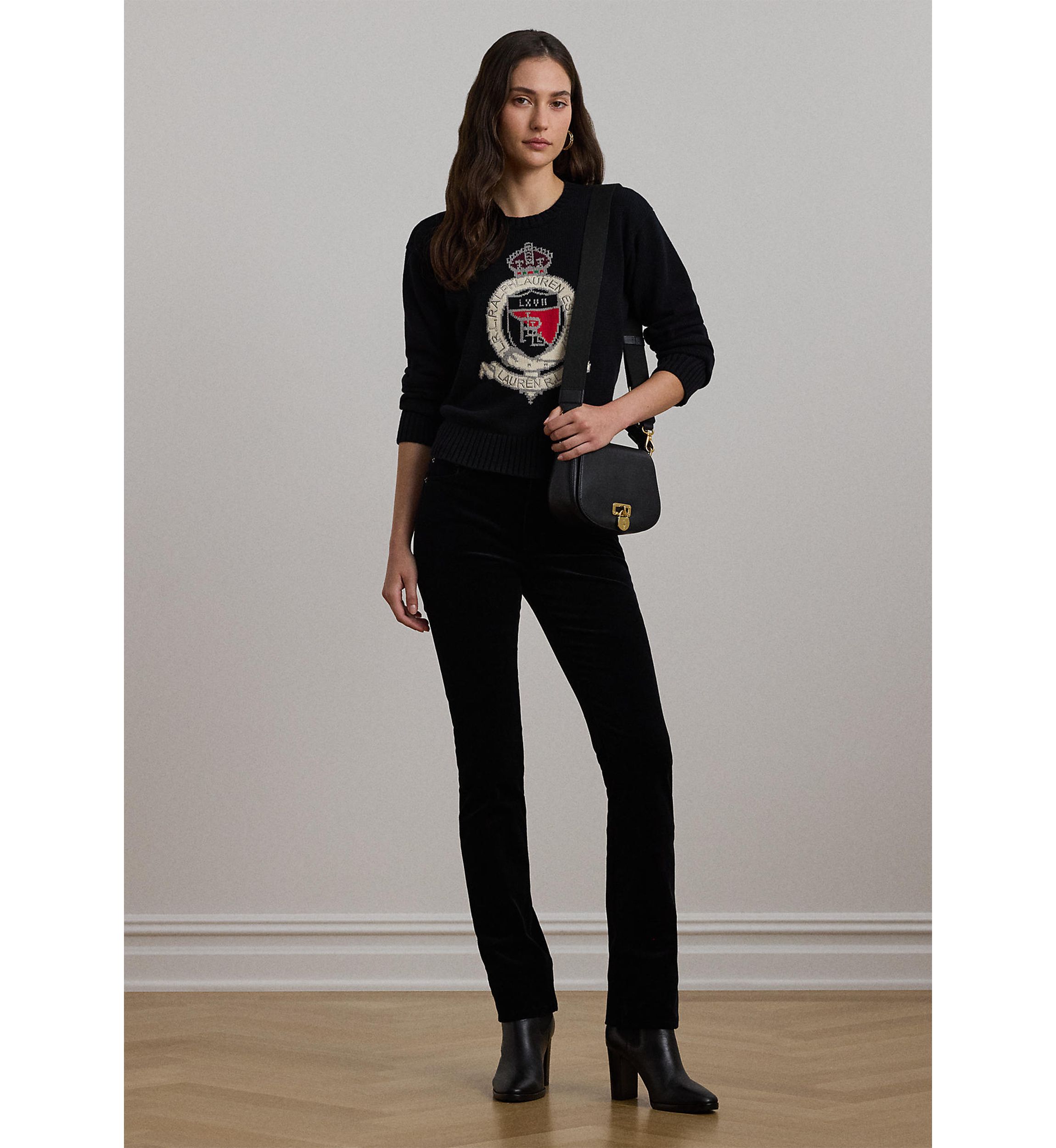 Intarsia Knit Crest Cotton Sweater