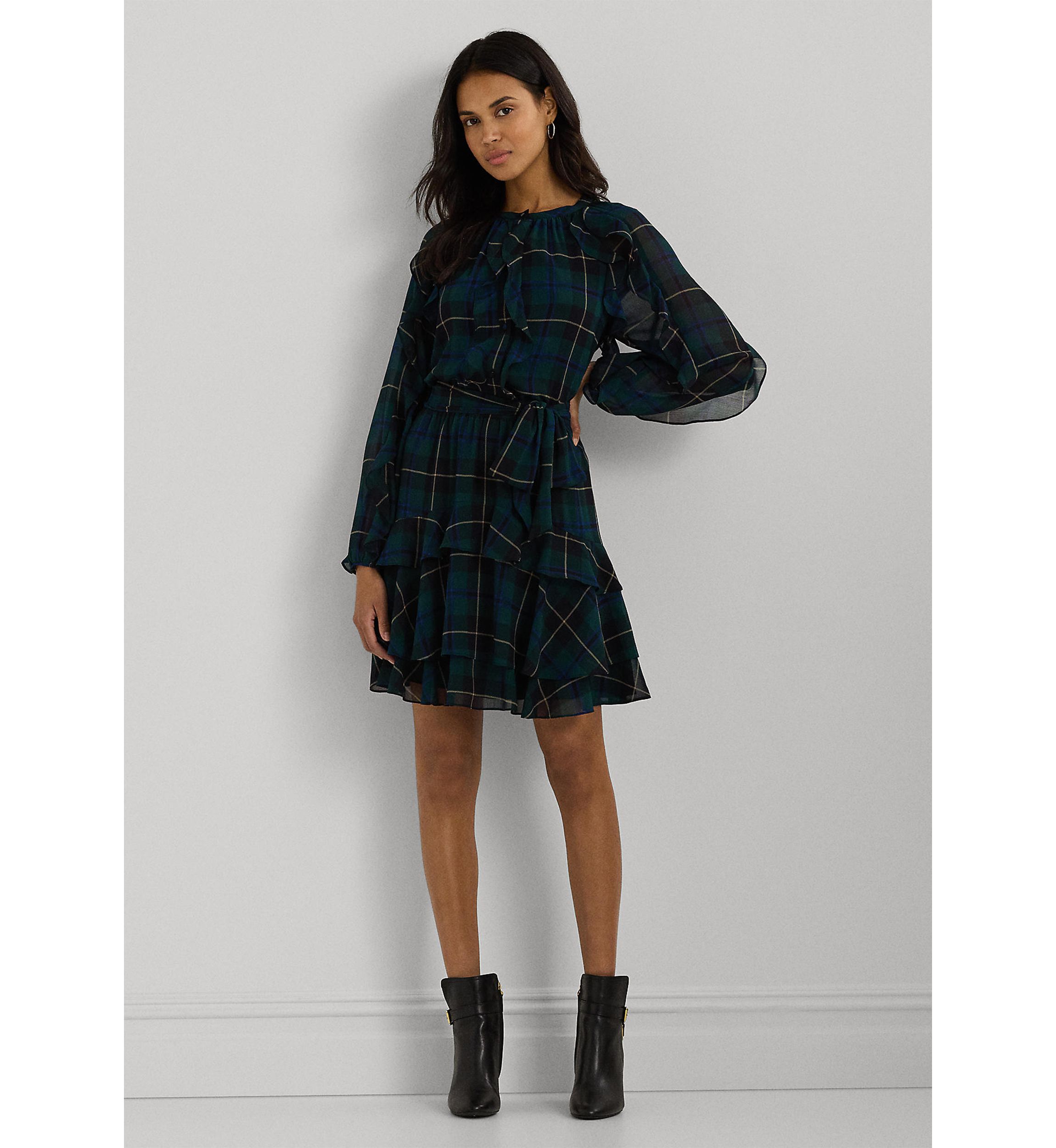 Womens Plaid Ruffle-Trim Georgette Tiered Dress