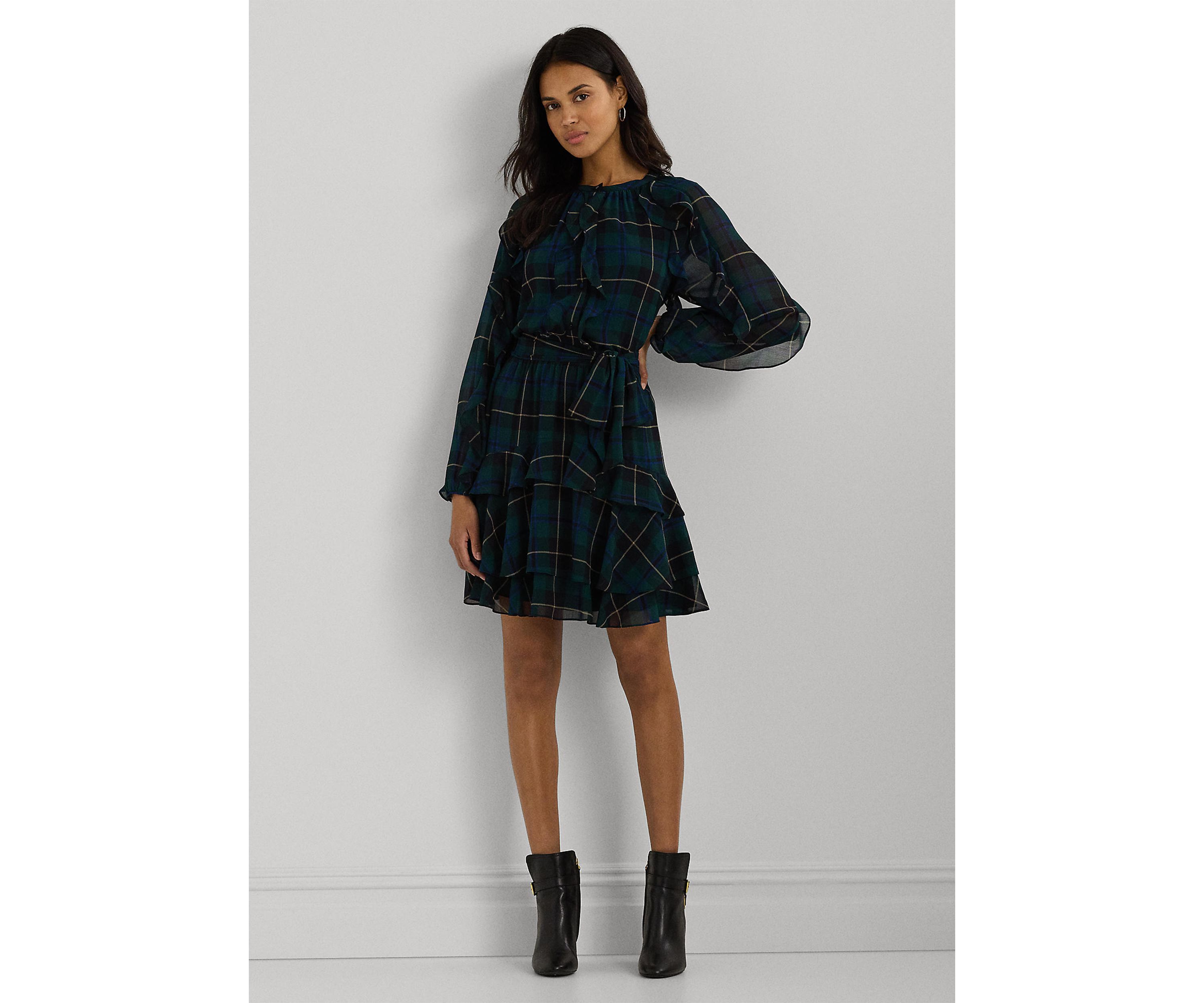 Womens Plaid Ruffle-Trim Georgette Tiered Dress