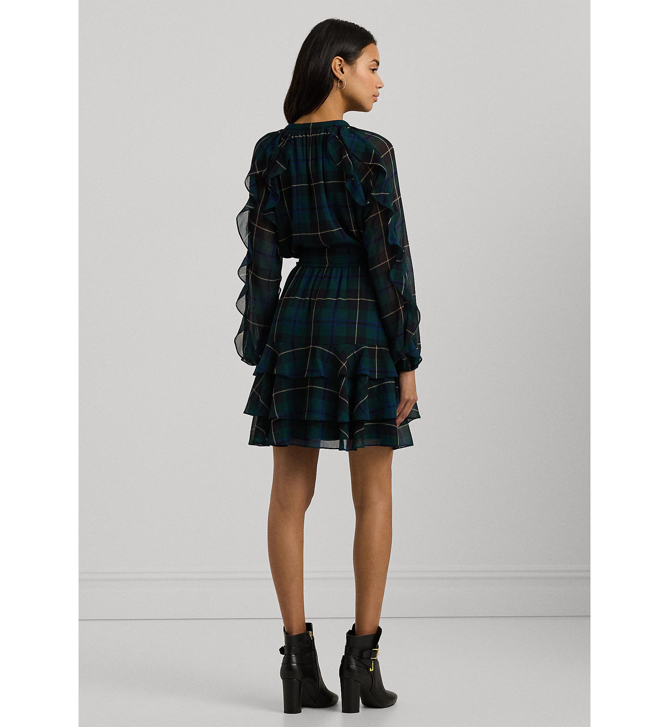 Womens Plaid Ruffle-Trim Georgette Tiered Dress