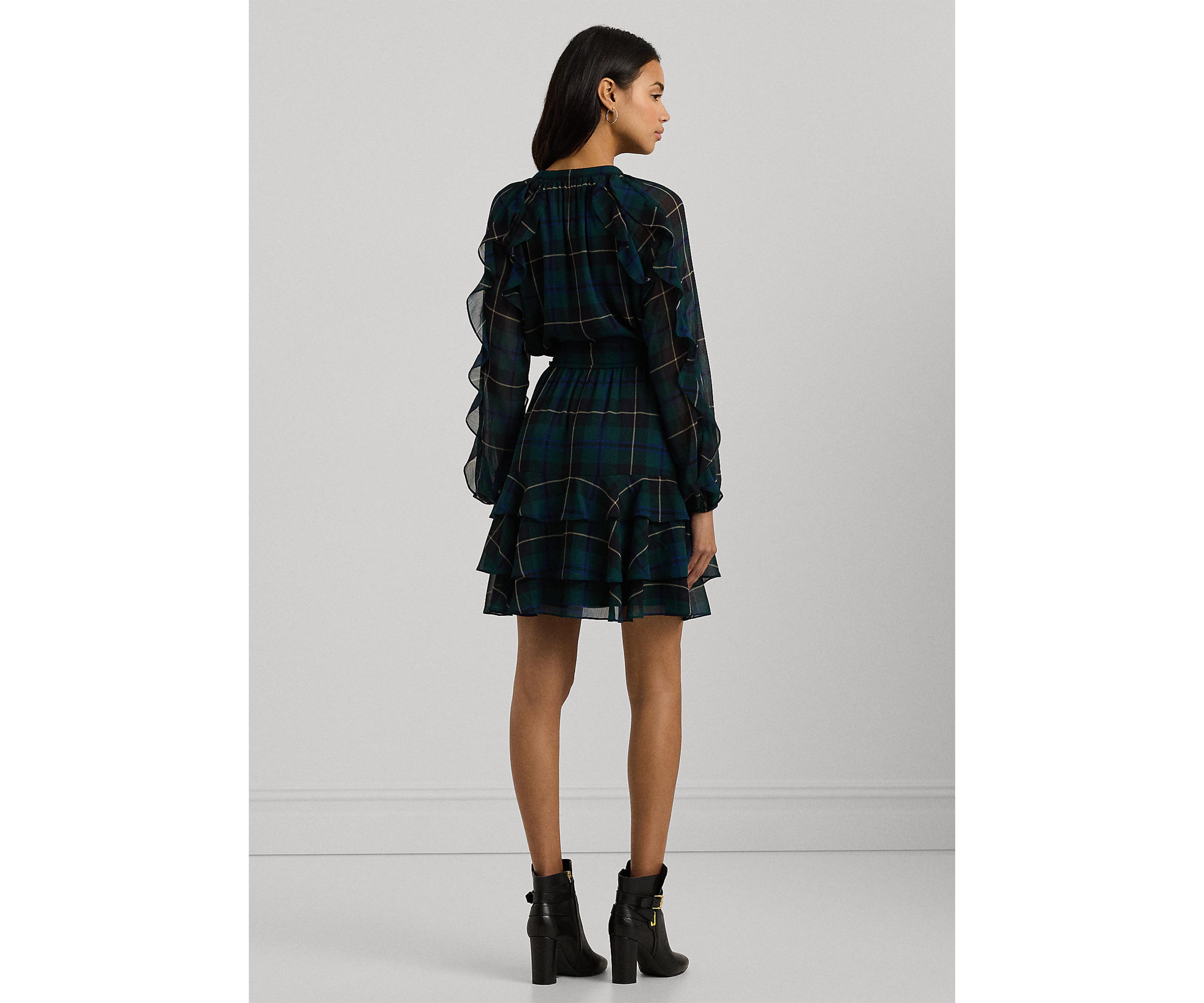 Womens Plaid Ruffle-Trim Georgette Tiered Dress