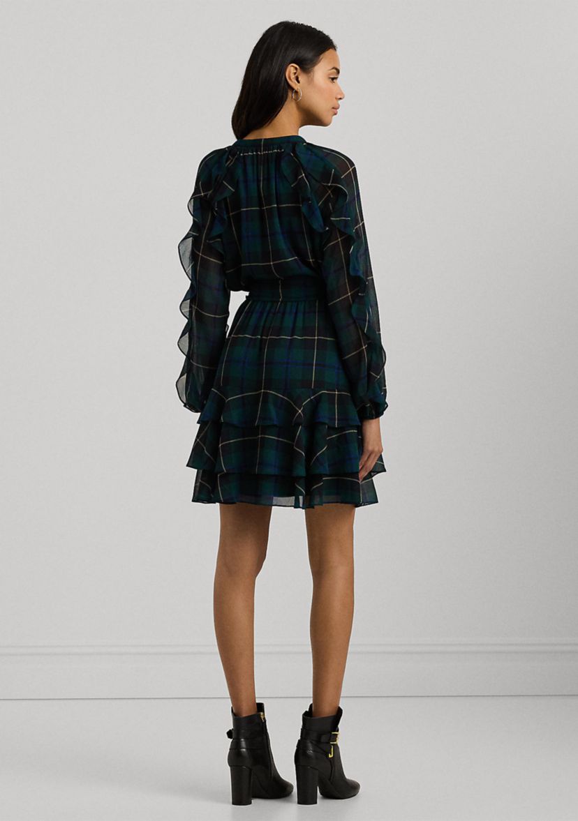 Womens Plaid Ruffle-Trim Georgette Tiered Dress
