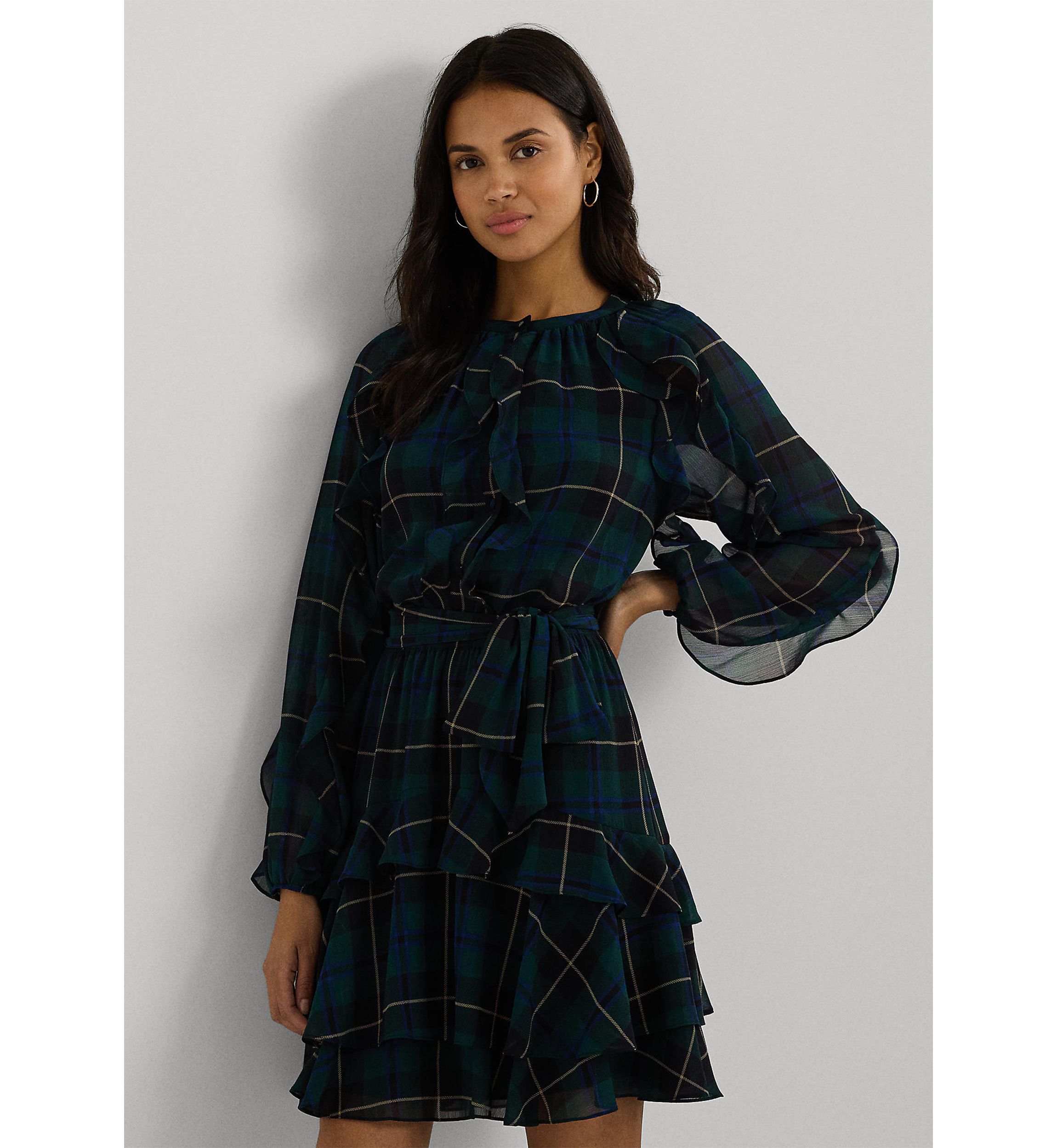 Womens Plaid Ruffle-Trim Georgette Tiered Dress