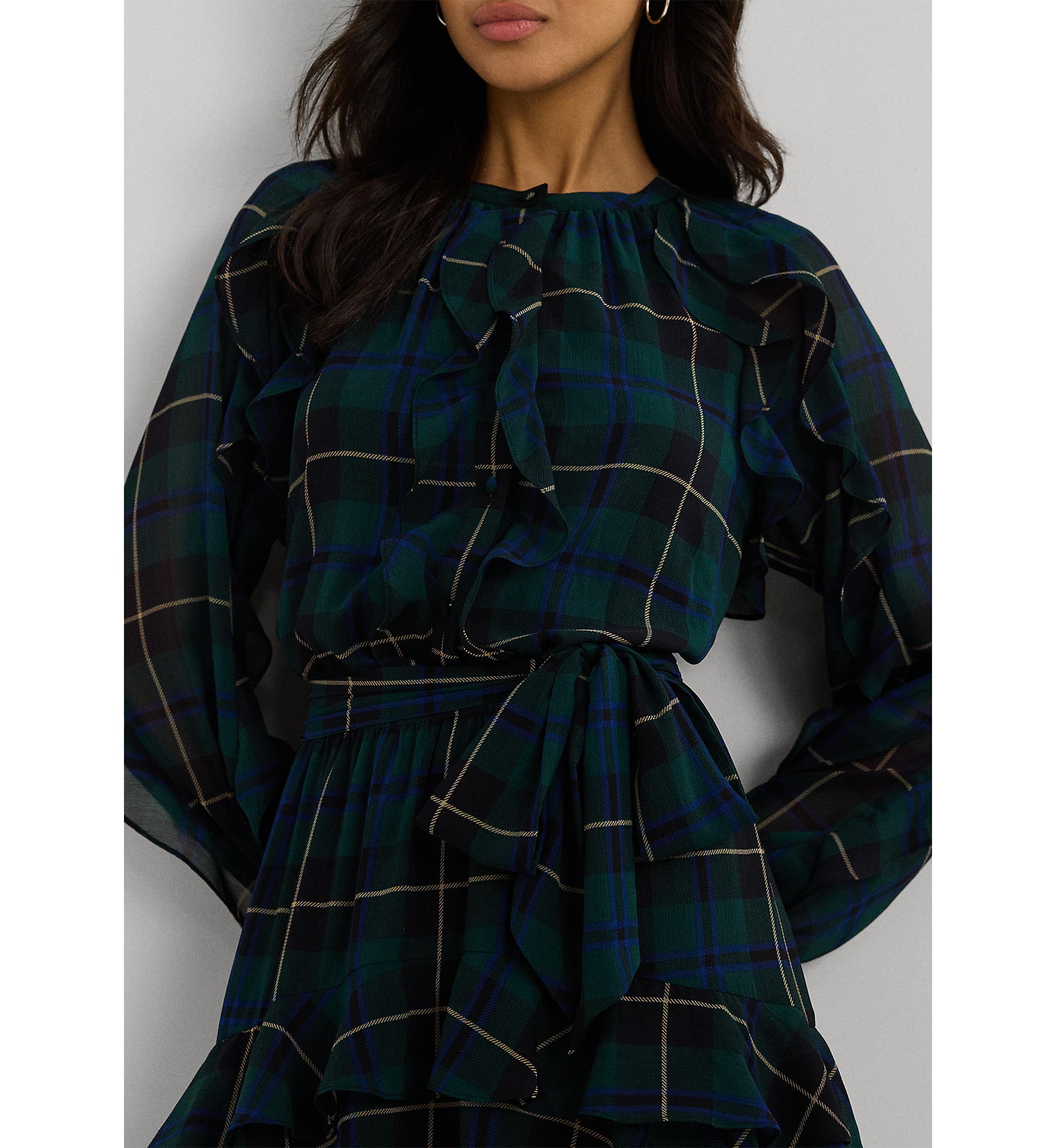Womens Plaid Ruffle-Trim Georgette Tiered Dress