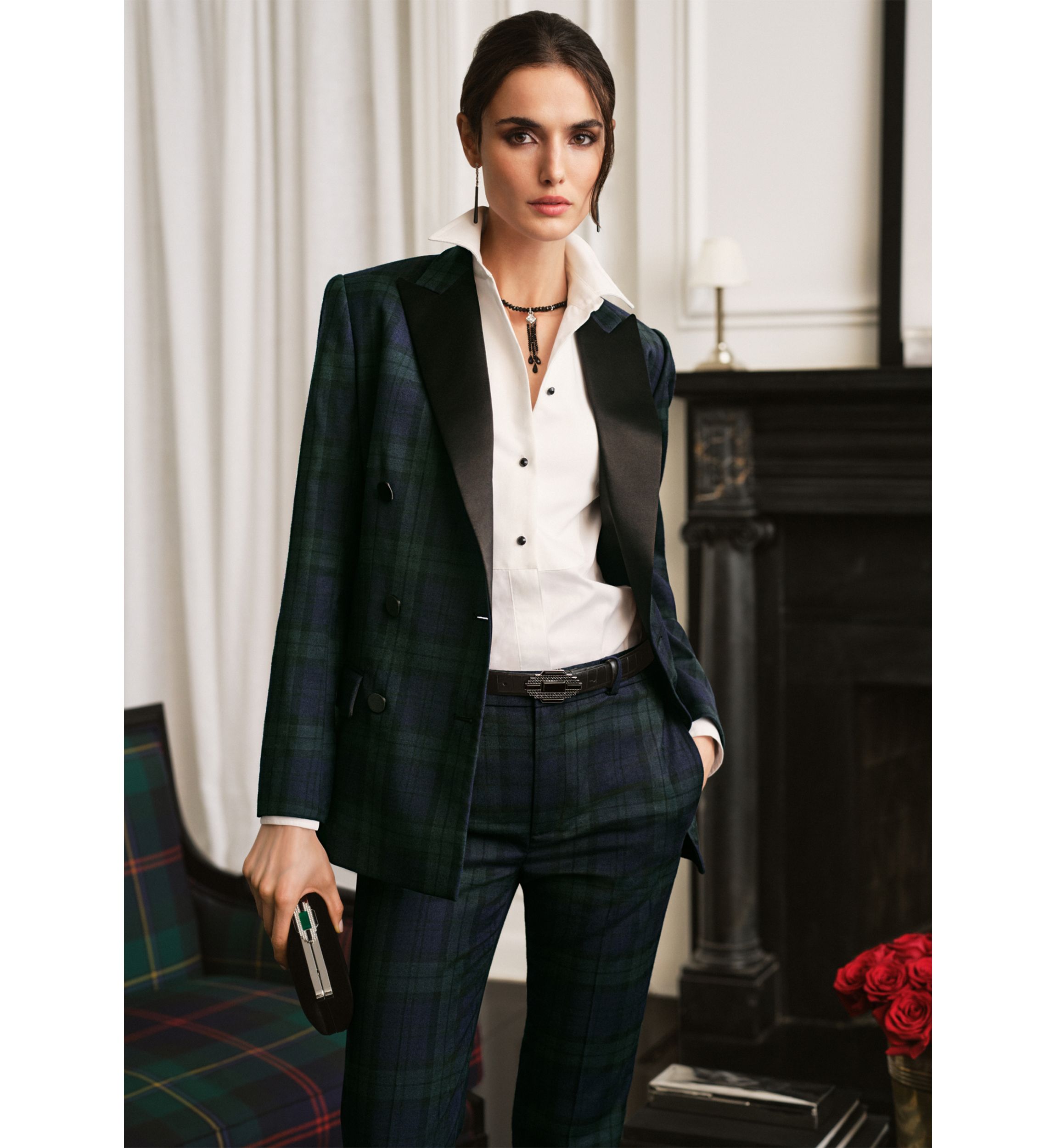 Plaid Satin Stripe Twill Cropped Pants