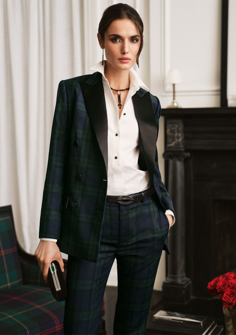 Plaid Satin Stripe Twill Cropped Pants