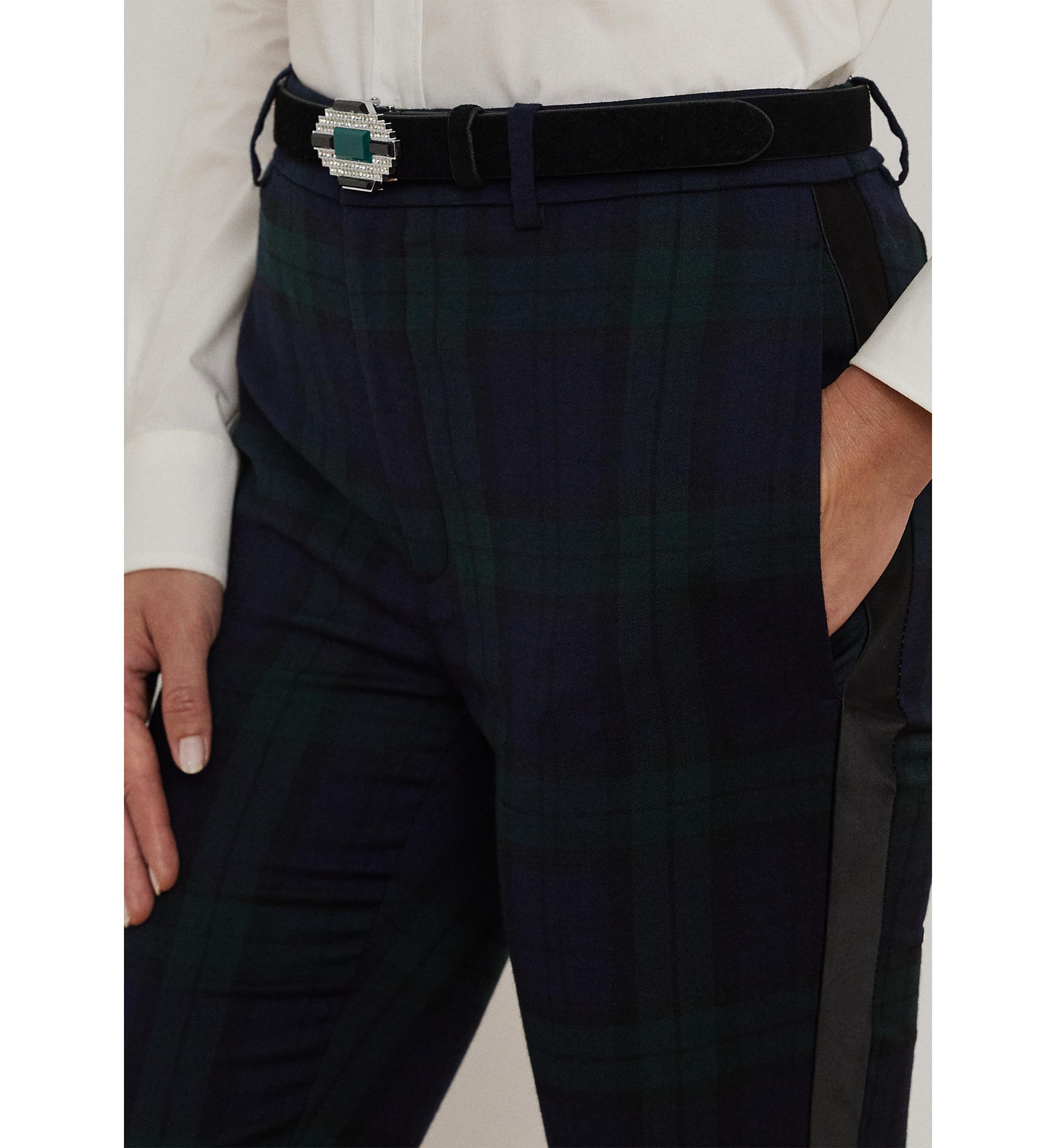 Plaid Satin Stripe Twill Cropped Pants