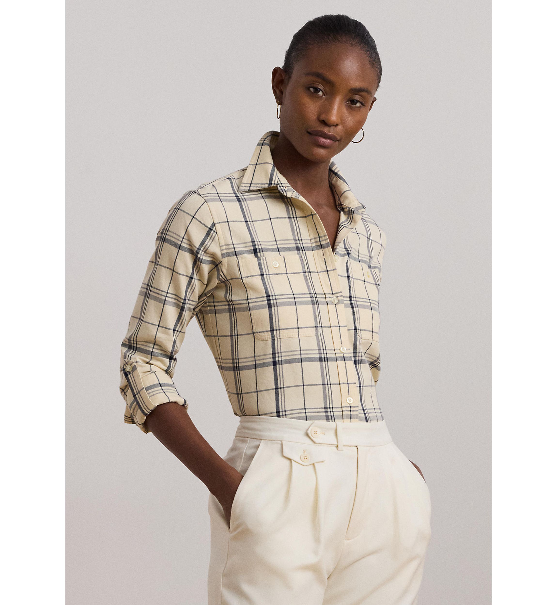 Womens Relaxed Fit Plaid Roll-Tab-Sleeve Shirt
