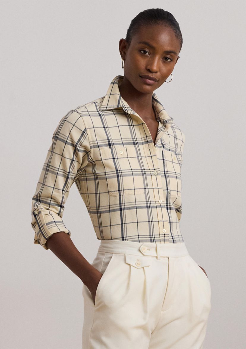 Womens Relaxed Fit Plaid Roll-Tab-Sleeve Shirt
