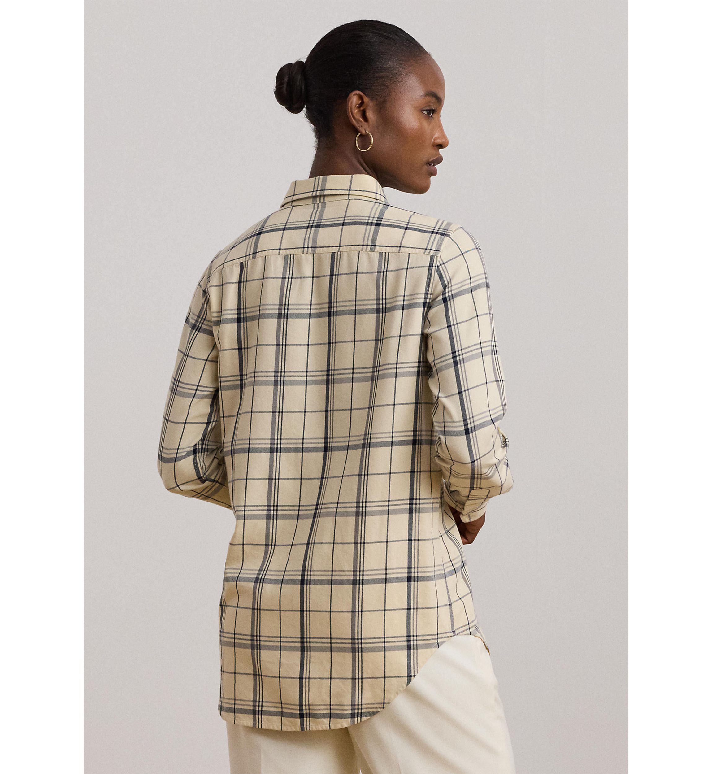 Womens Relaxed Fit Plaid Roll-Tab-Sleeve Shirt