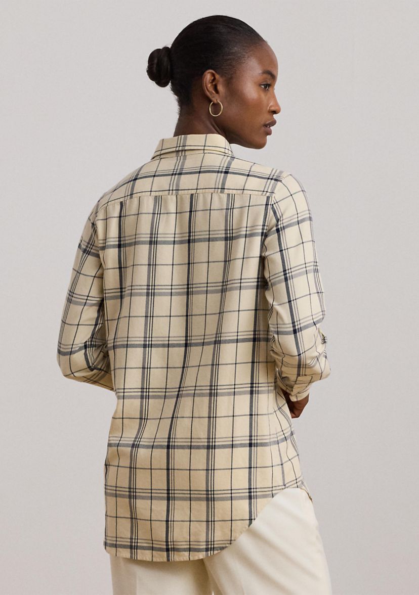 Womens Relaxed Fit Plaid Roll-Tab-Sleeve Shirt