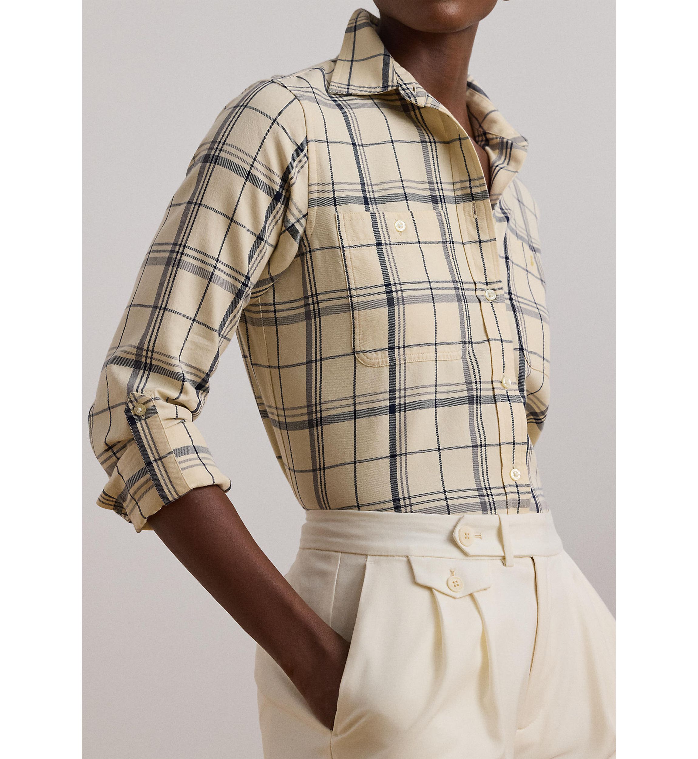 Womens Relaxed Fit Plaid Roll-Tab-Sleeve Shirt