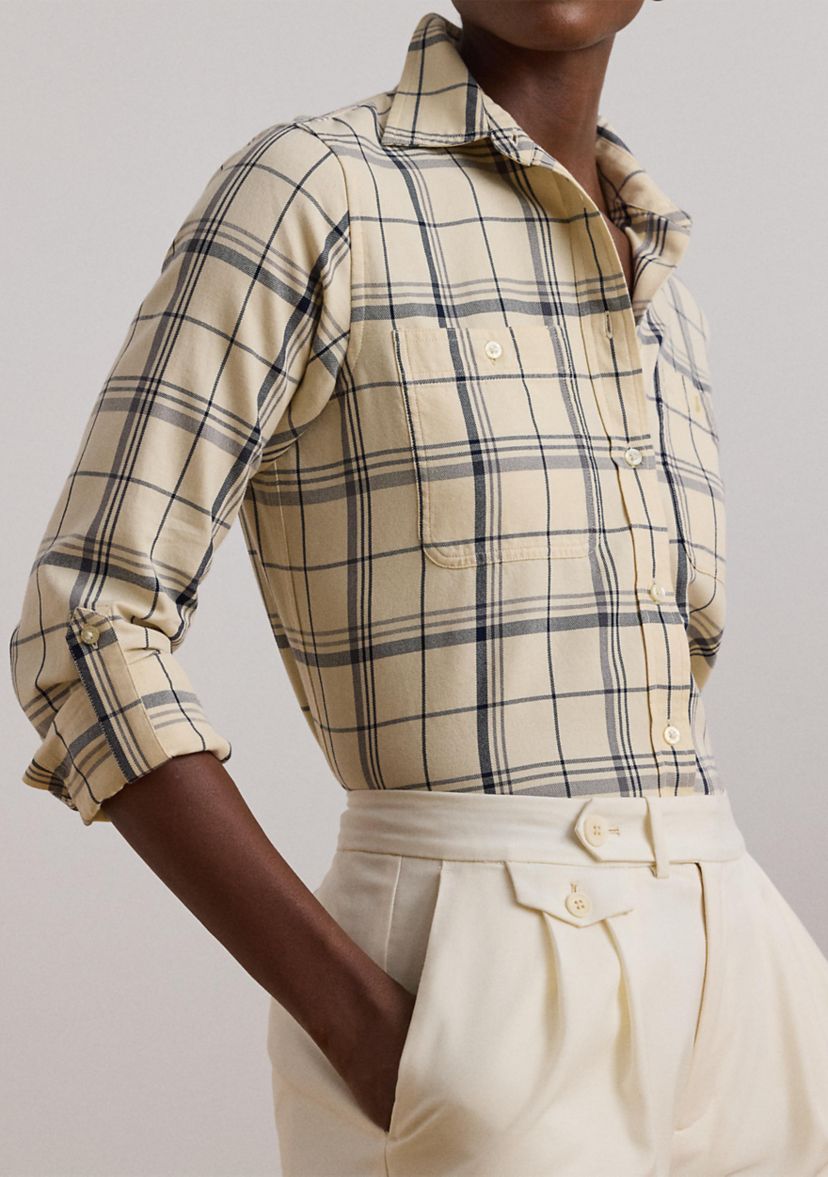 Womens Relaxed Fit Plaid Roll-Tab-Sleeve Shirt