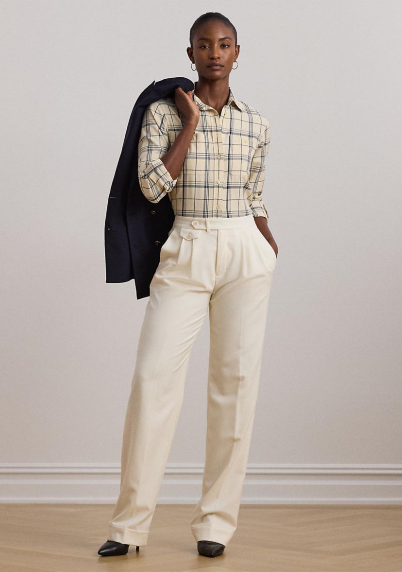 Womens Relaxed Fit Plaid Roll-Tab-Sleeve Shirt