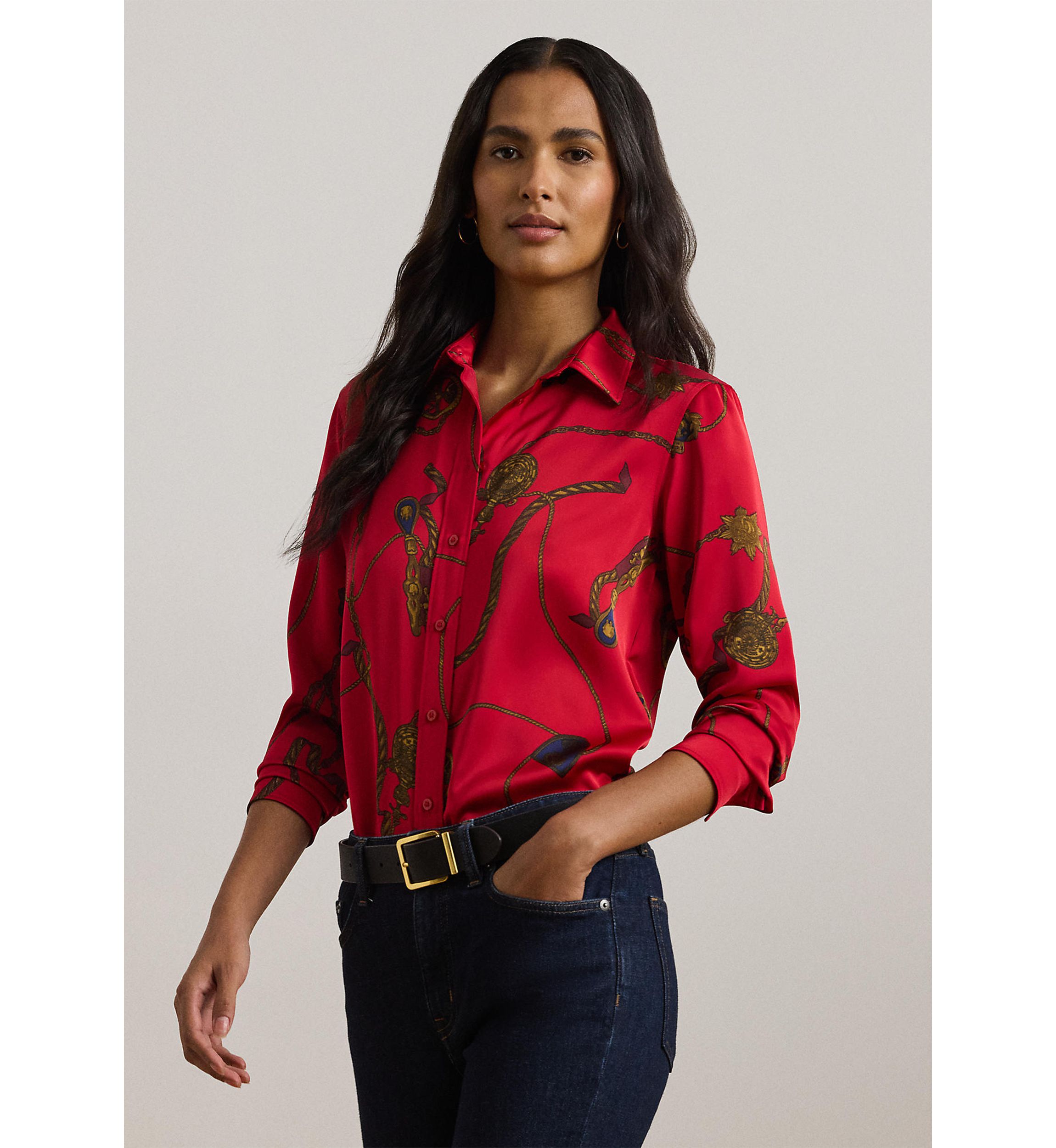 Womens Classic Fit Print Satin Charmeuse Shirt
