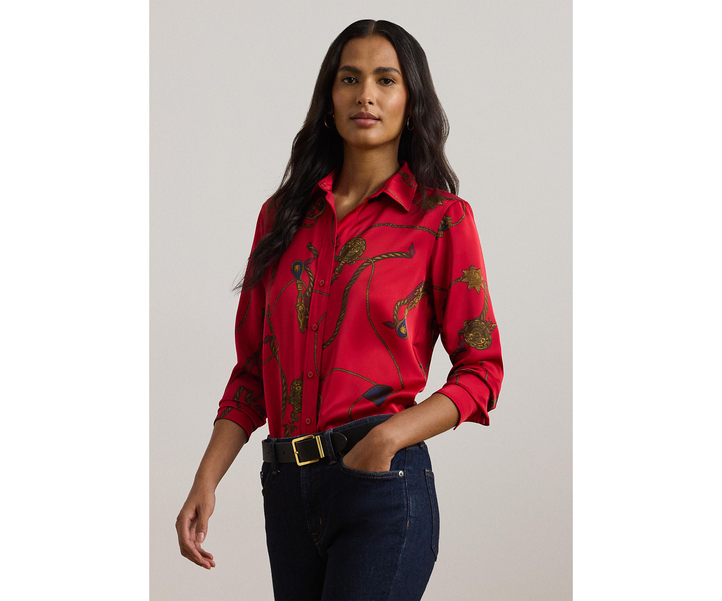 Womens Classic Fit Print Satin Charmeuse Shirt