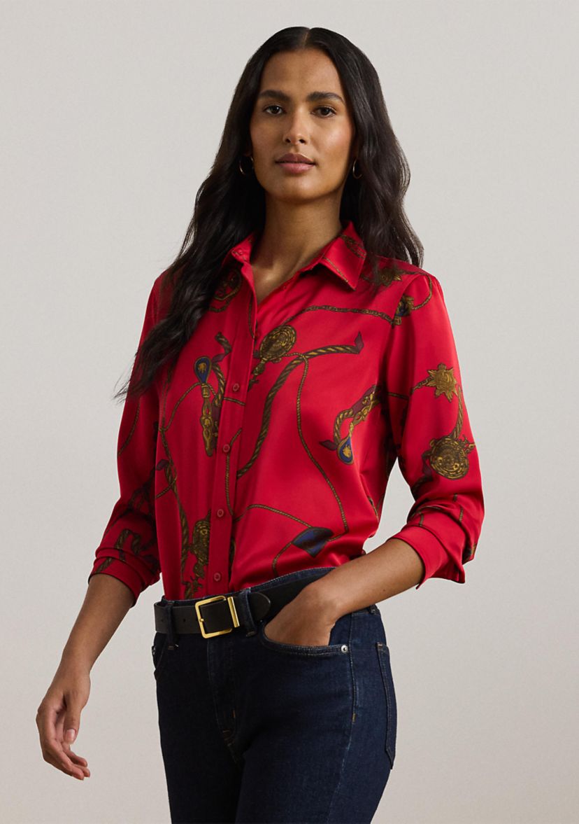 Womens Classic Fit Print Satin Charmeuse Shirt