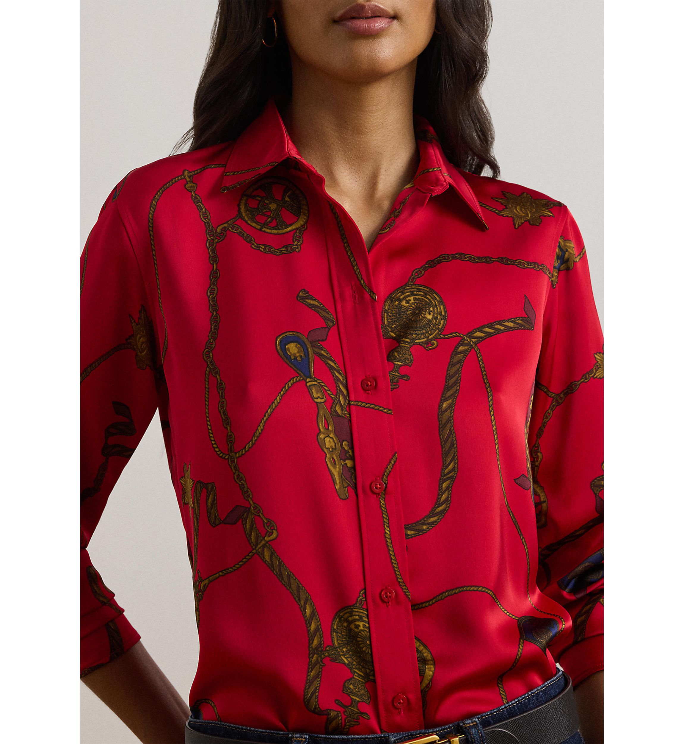 Womens Classic Fit Print Satin Charmeuse Shirt