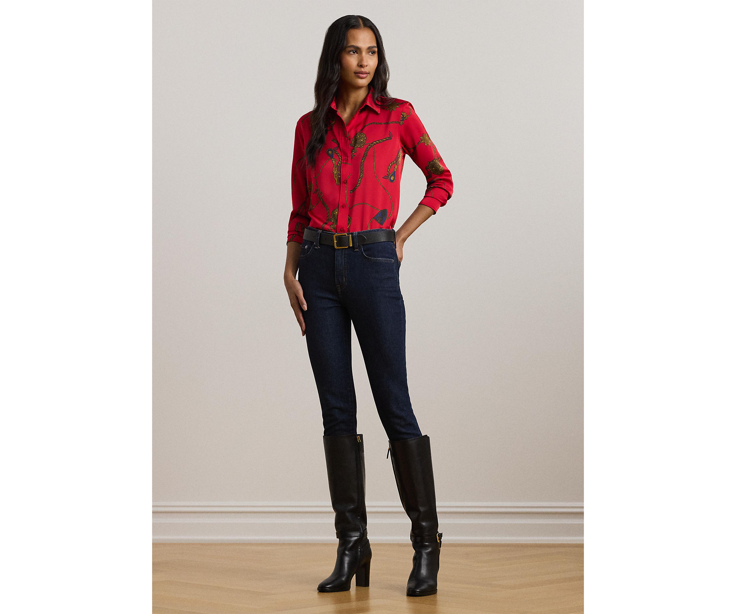 Womens Classic Fit Print Satin Charmeuse Shirt