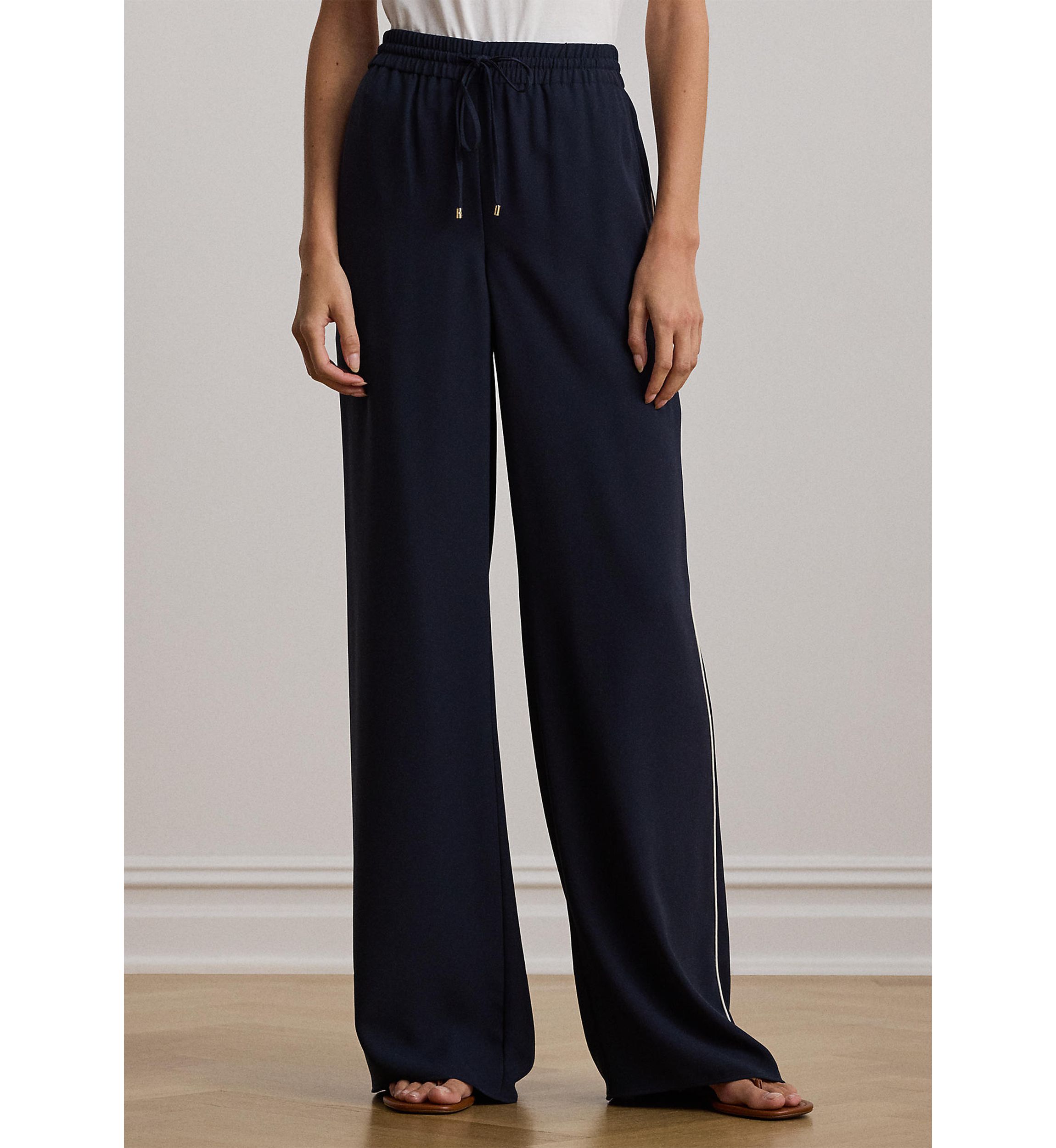 Womens Side-Stripe Georgette Wide-Leg Pants
