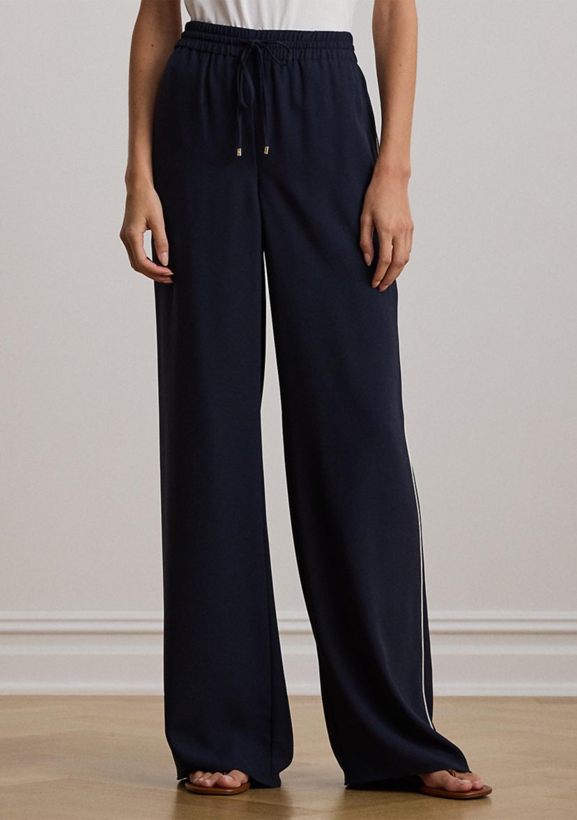 Womens Side-Stripe Georgette Wide-Leg Pants