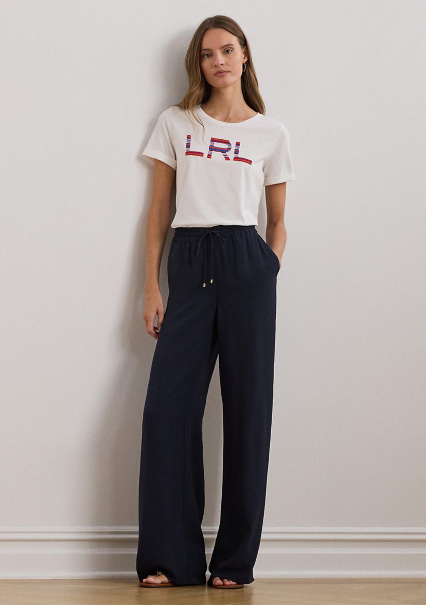 Womens Side-Stripe Georgette Wide-Leg Pants