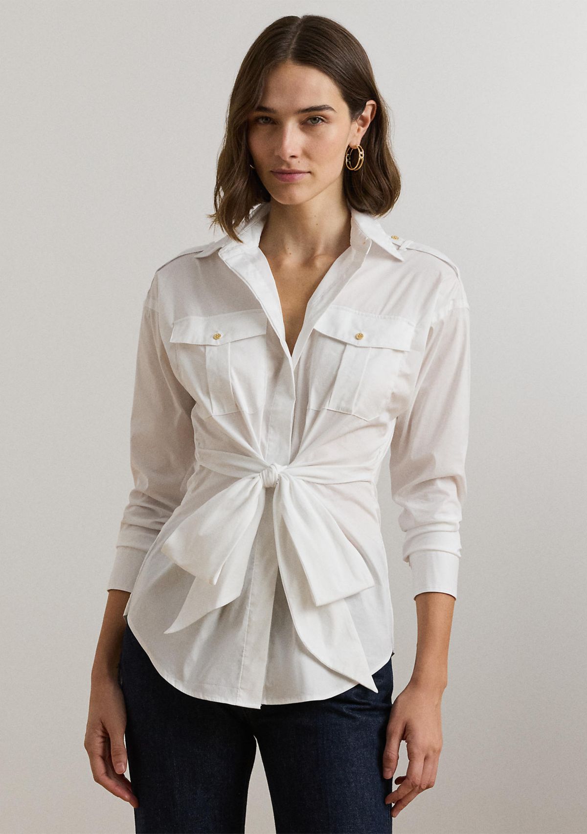 Tie Front Cotton Blend Shirt