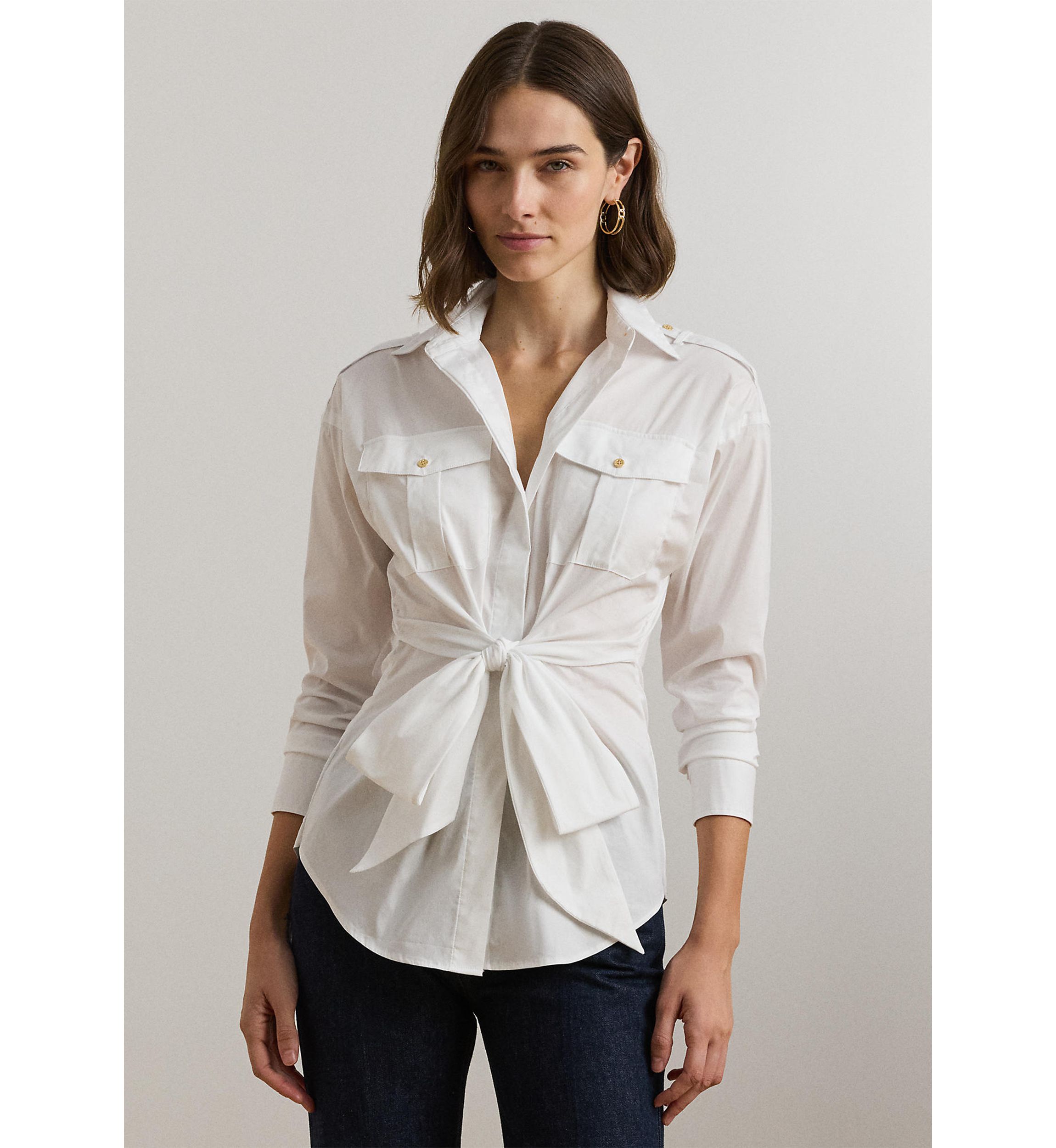 Tie Front Cotton Blend Shirt