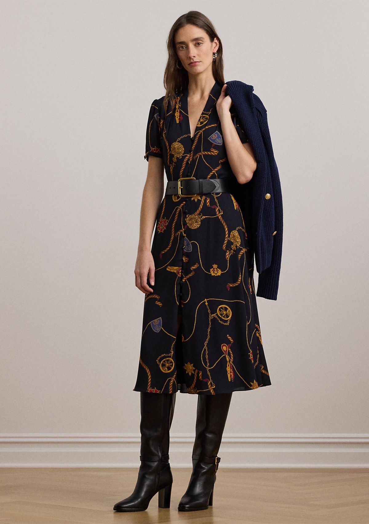 Womens Print Belted Georgette Puff-Sleeve Dress