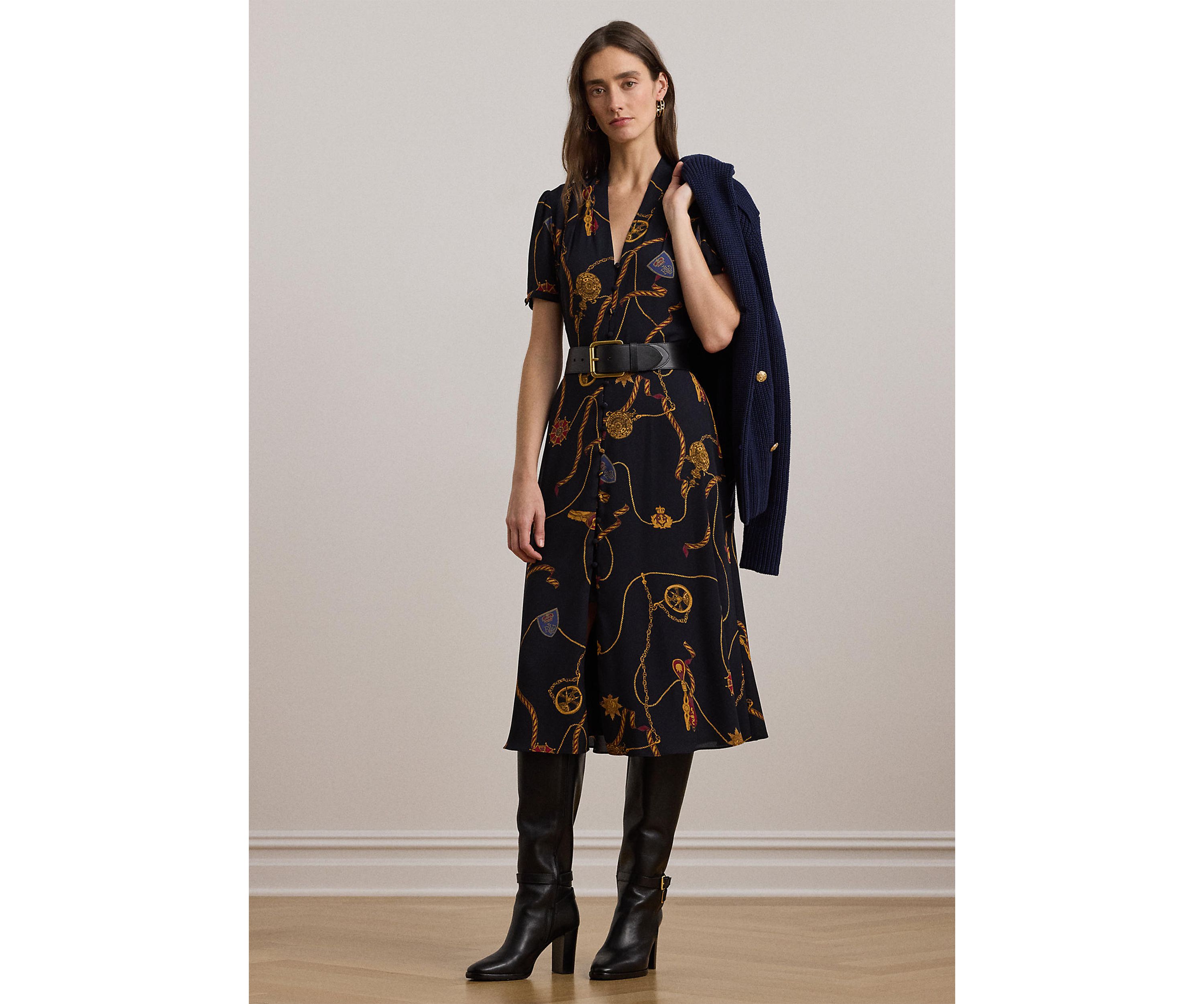 Womens Print Belted Georgette Puff-Sleeve Dress