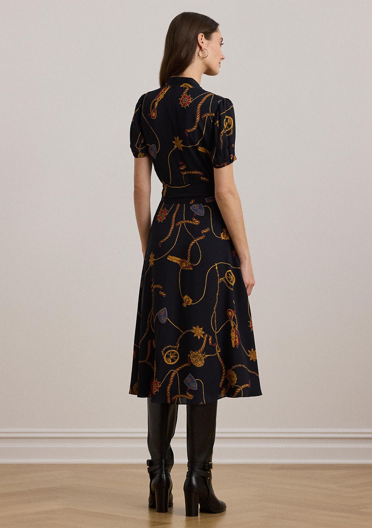 Womens Print Belted Georgette Puff-Sleeve Dress