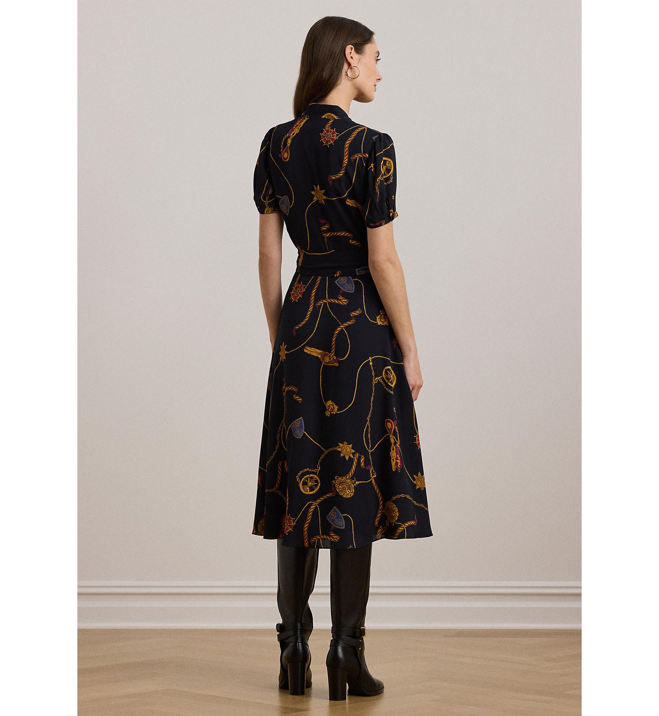 Womens Print Belted Georgette Puff-Sleeve Dress