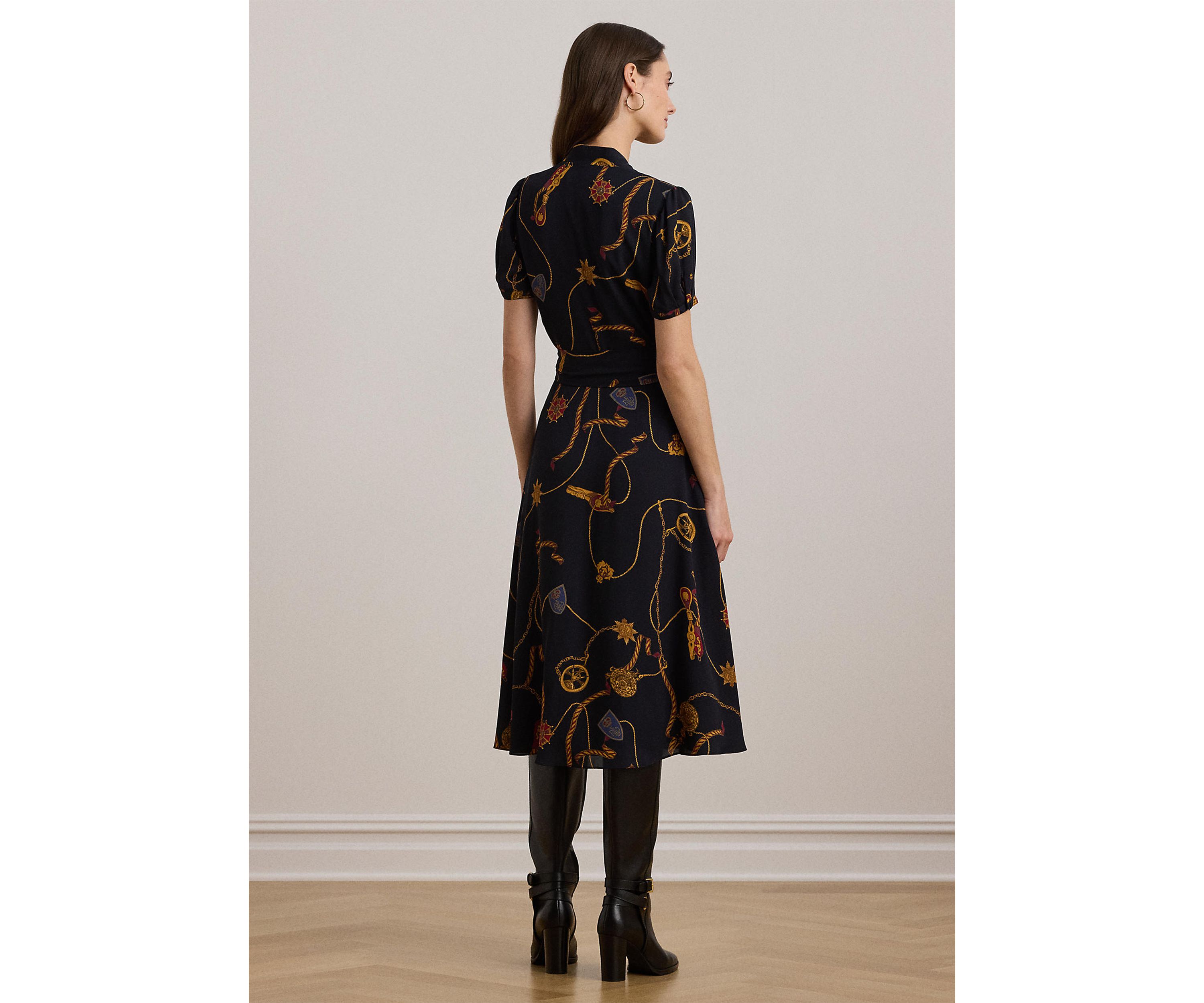 Womens Print Belted Georgette Puff-Sleeve Dress