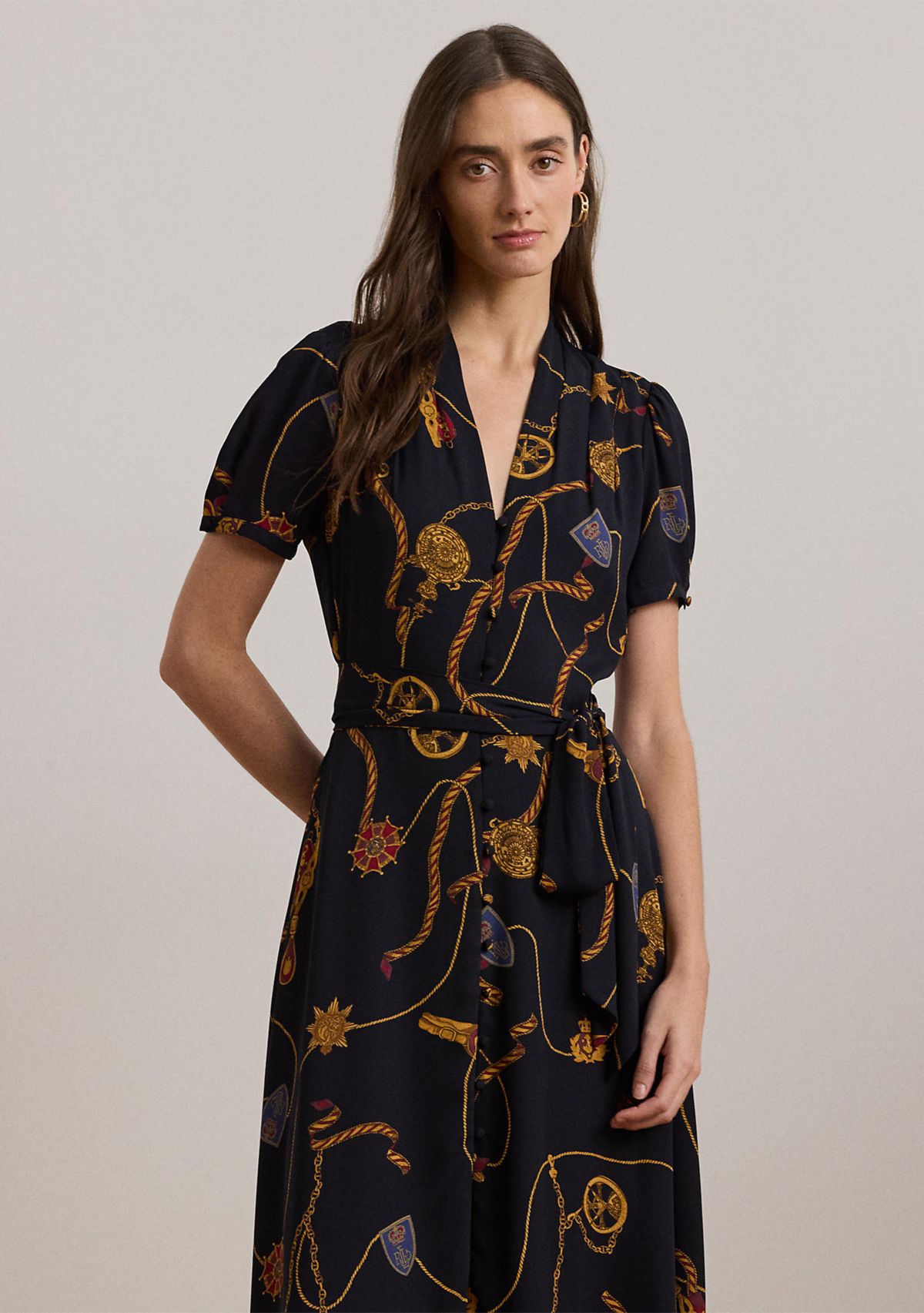 Womens Print Belted Georgette Puff-Sleeve Dress