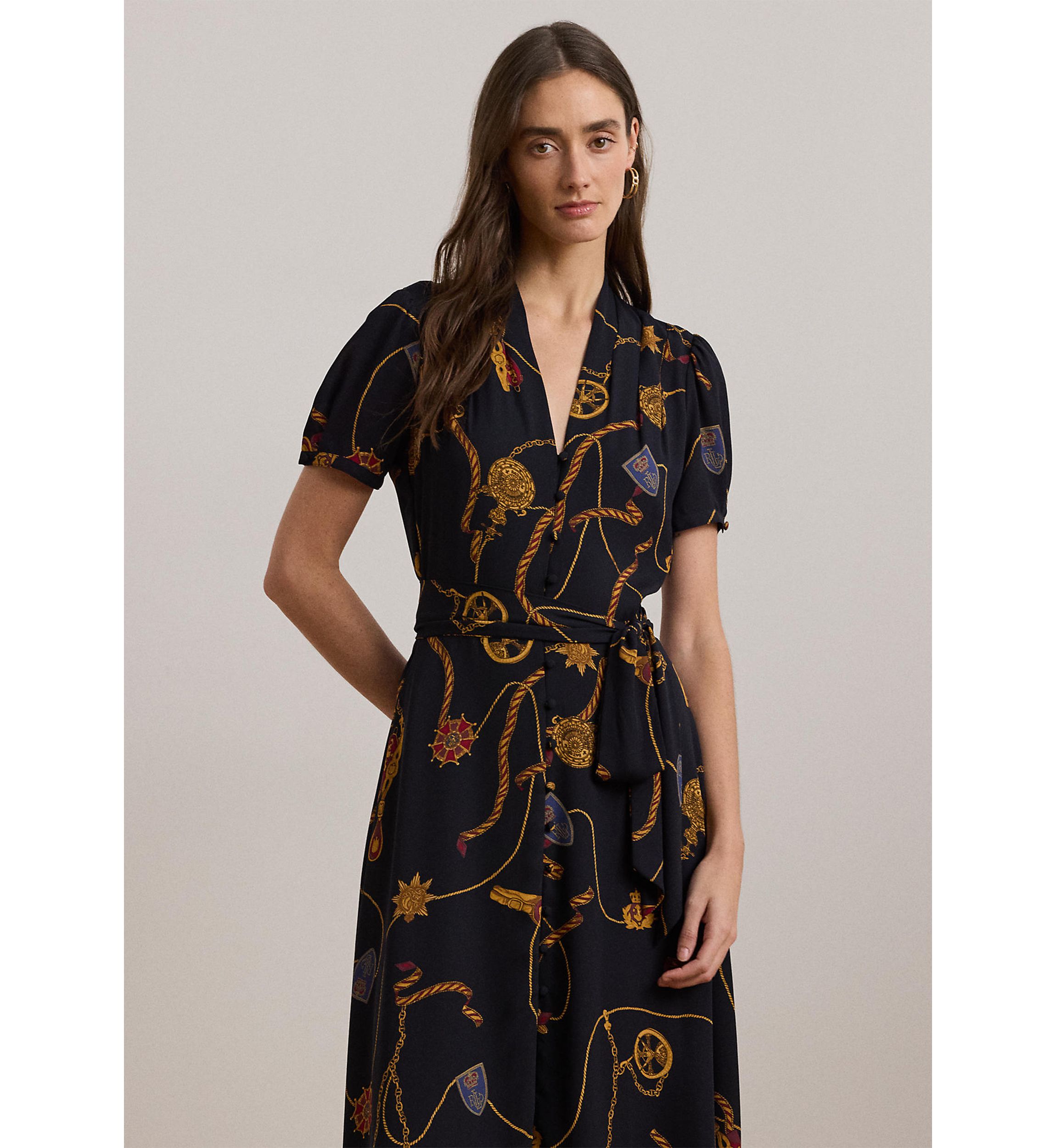 Womens Print Belted Georgette Puff-Sleeve Dress