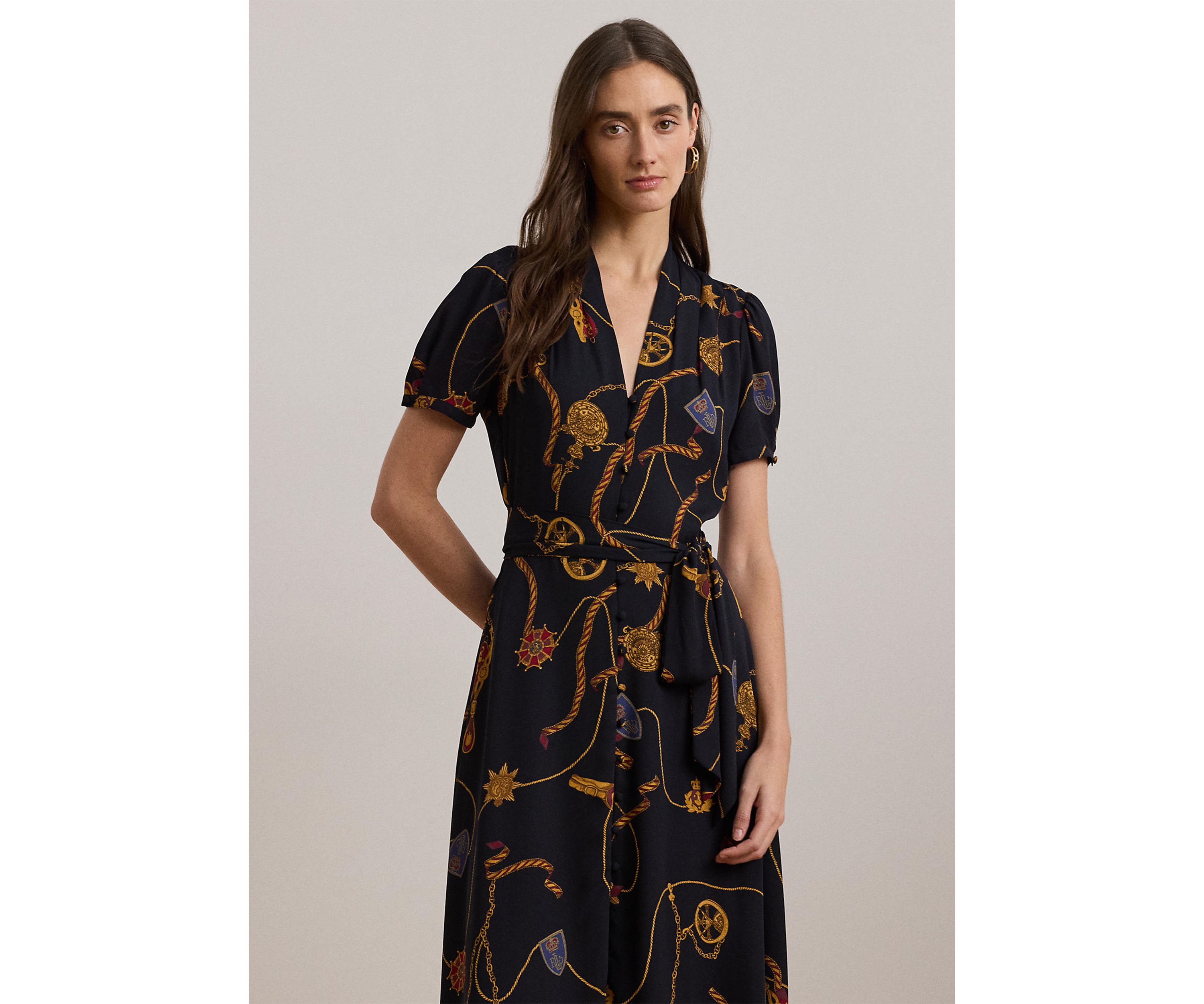 Womens Print Belted Georgette Puff-Sleeve Dress
