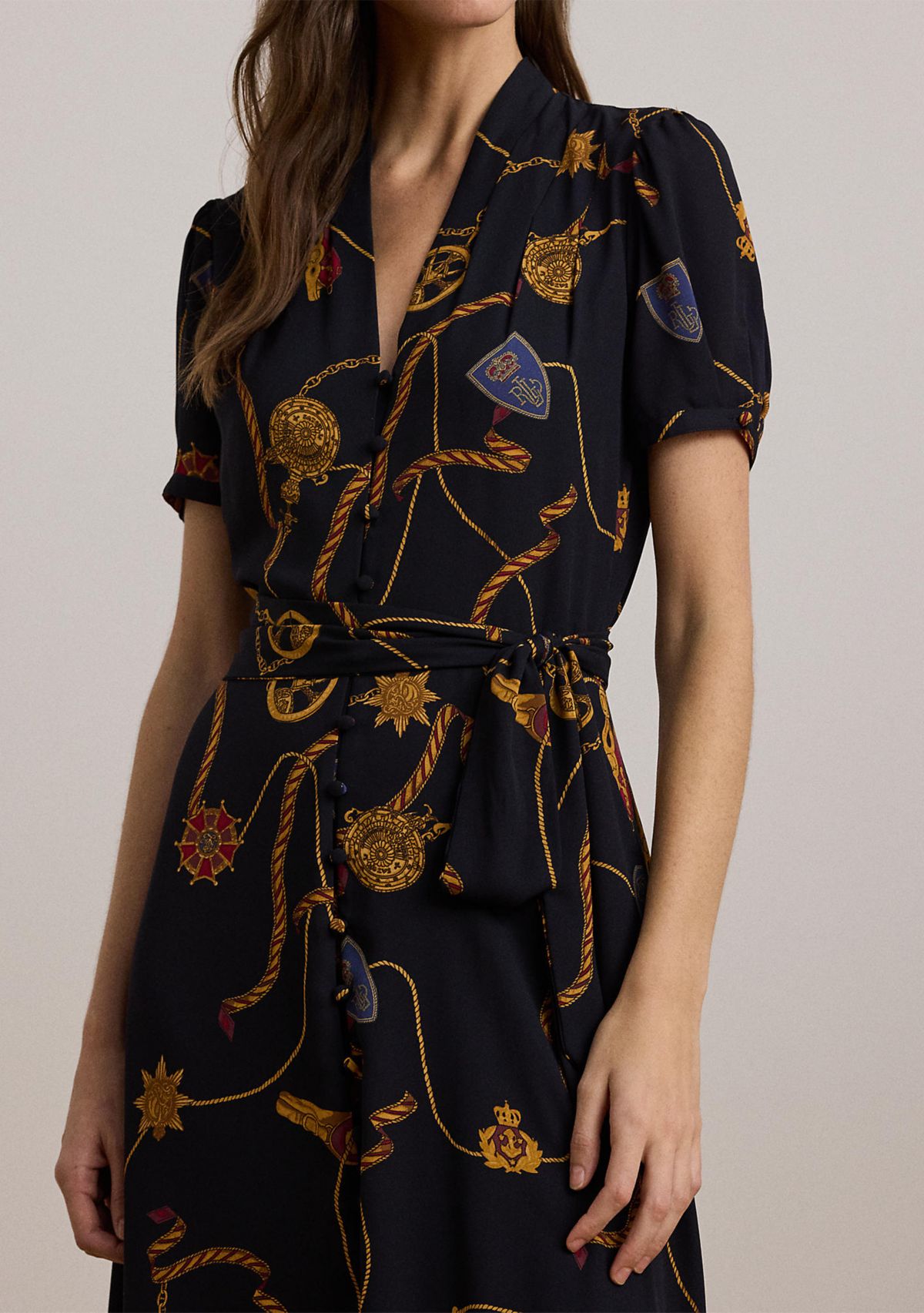 Womens Print Belted Georgette Puff-Sleeve Dress