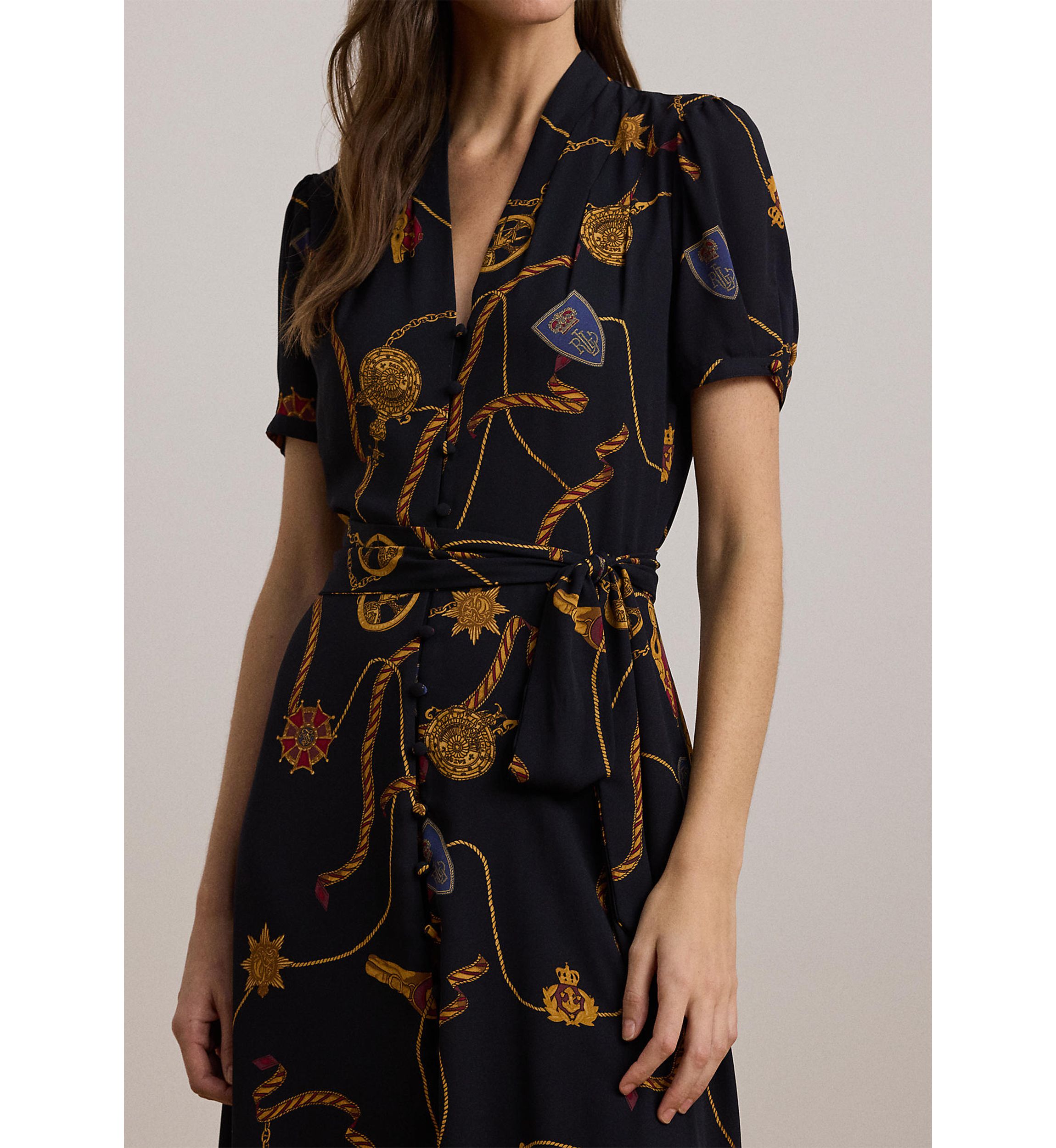 Womens Print Belted Georgette Puff-Sleeve Dress