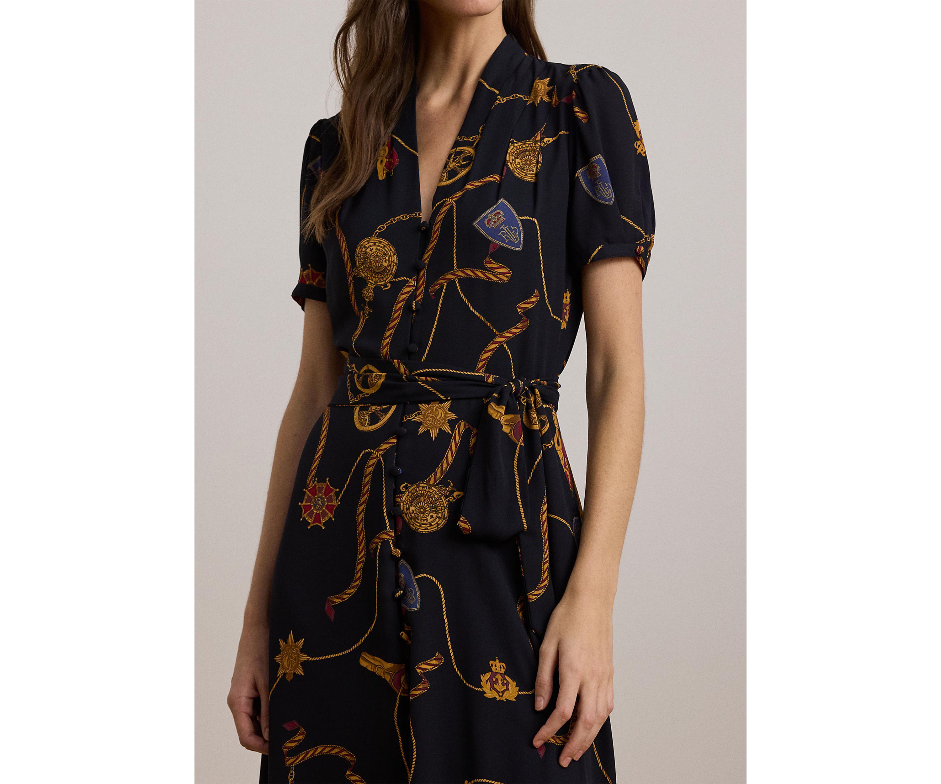 Womens Print Belted Georgette Puff-Sleeve Dress