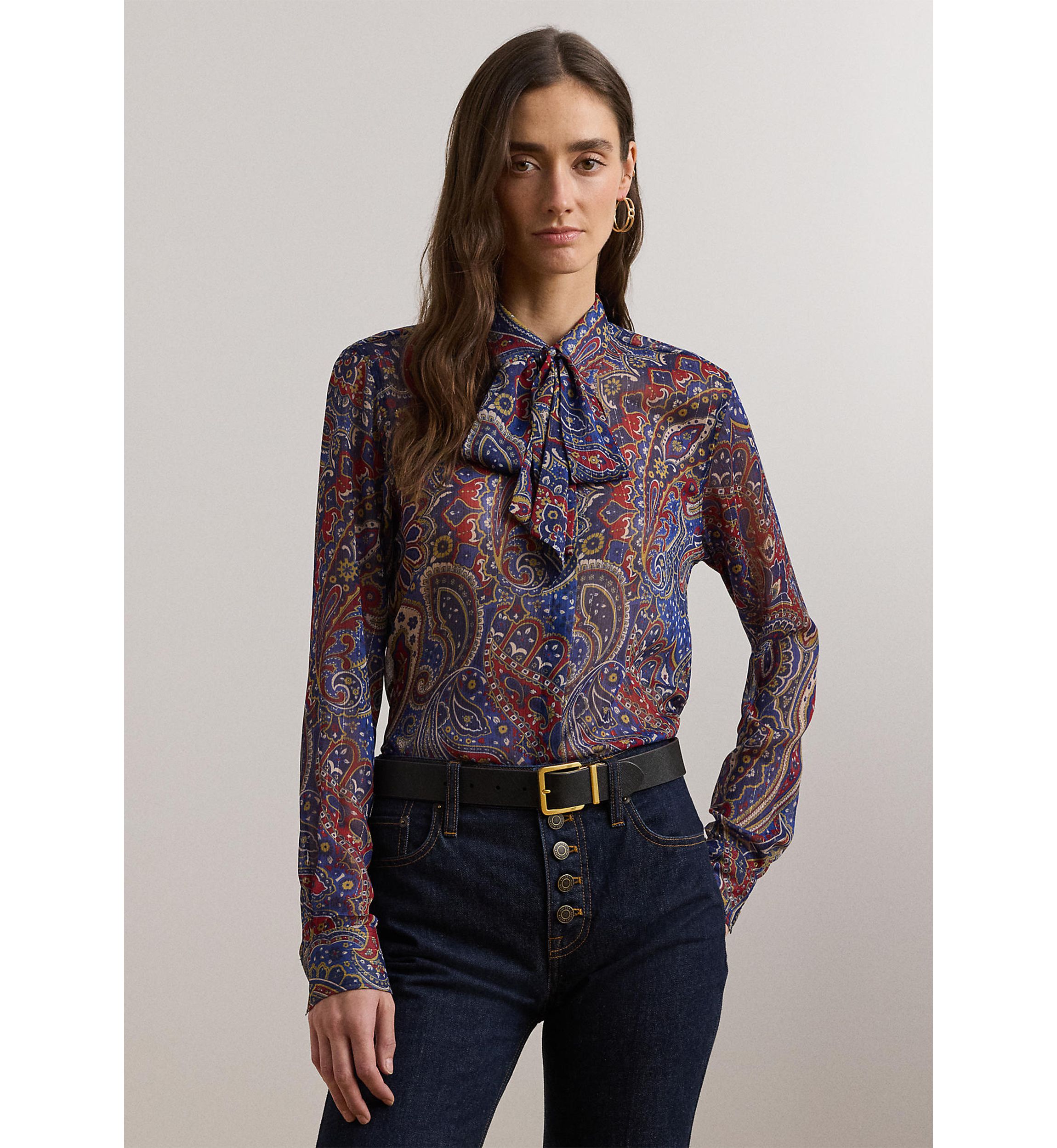 Womens Classic Fit Print Chiffon Tie-Neck Shirt